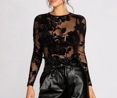 Flocked Mesh Floral Bodysuit - Lady Occasions