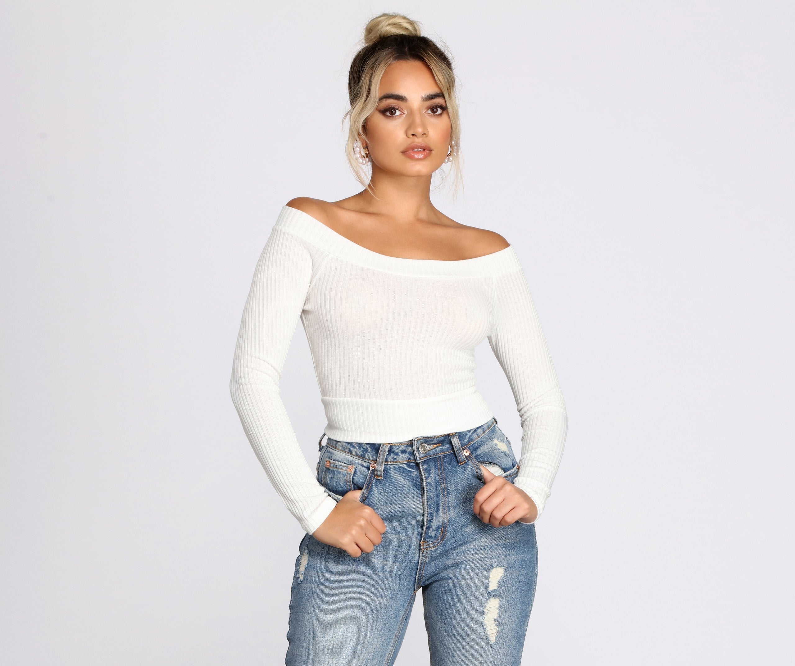 Off The Shoulder Brushed Knit Crop Top - Lady Occasions