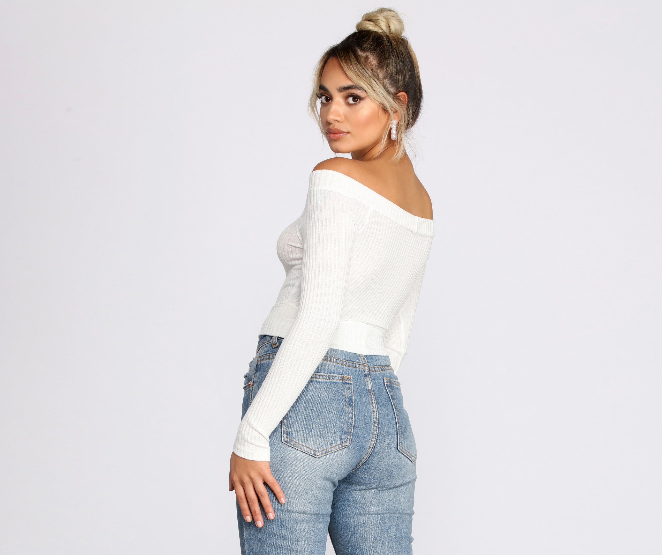 Off The Shoulder Brushed Knit Crop Top - Lady Occasions