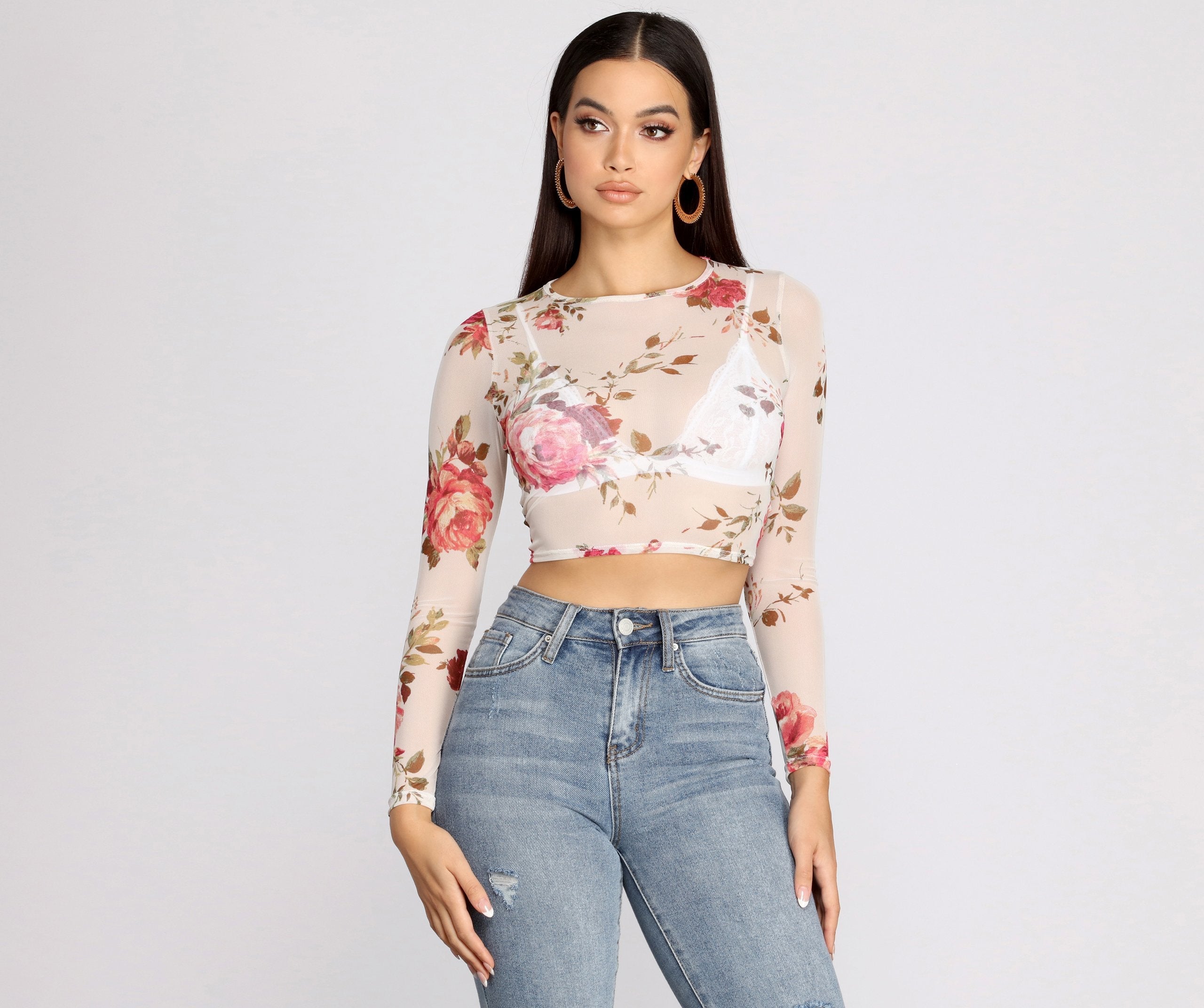 Sweet Floral Mesh Crop Top - Lady Occasions