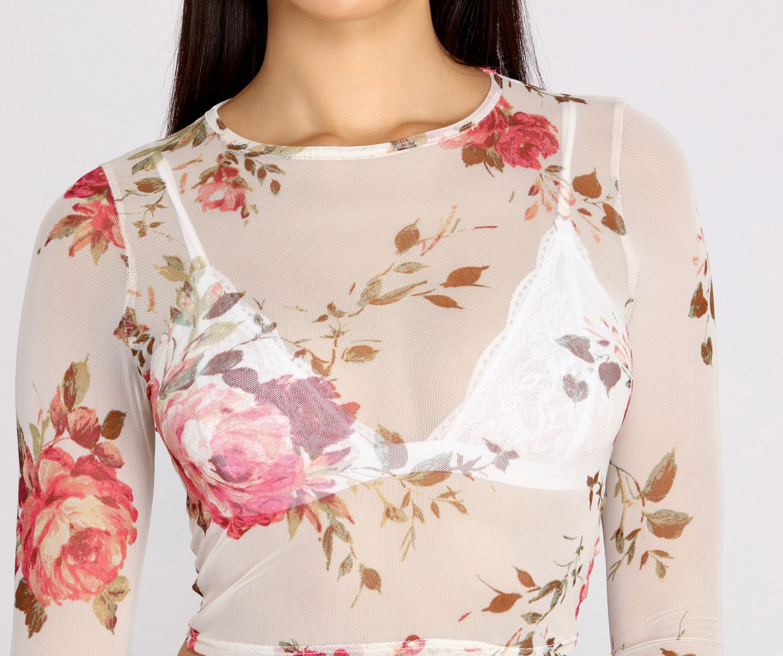 Sweet Floral Mesh Crop Top - Lady Occasions