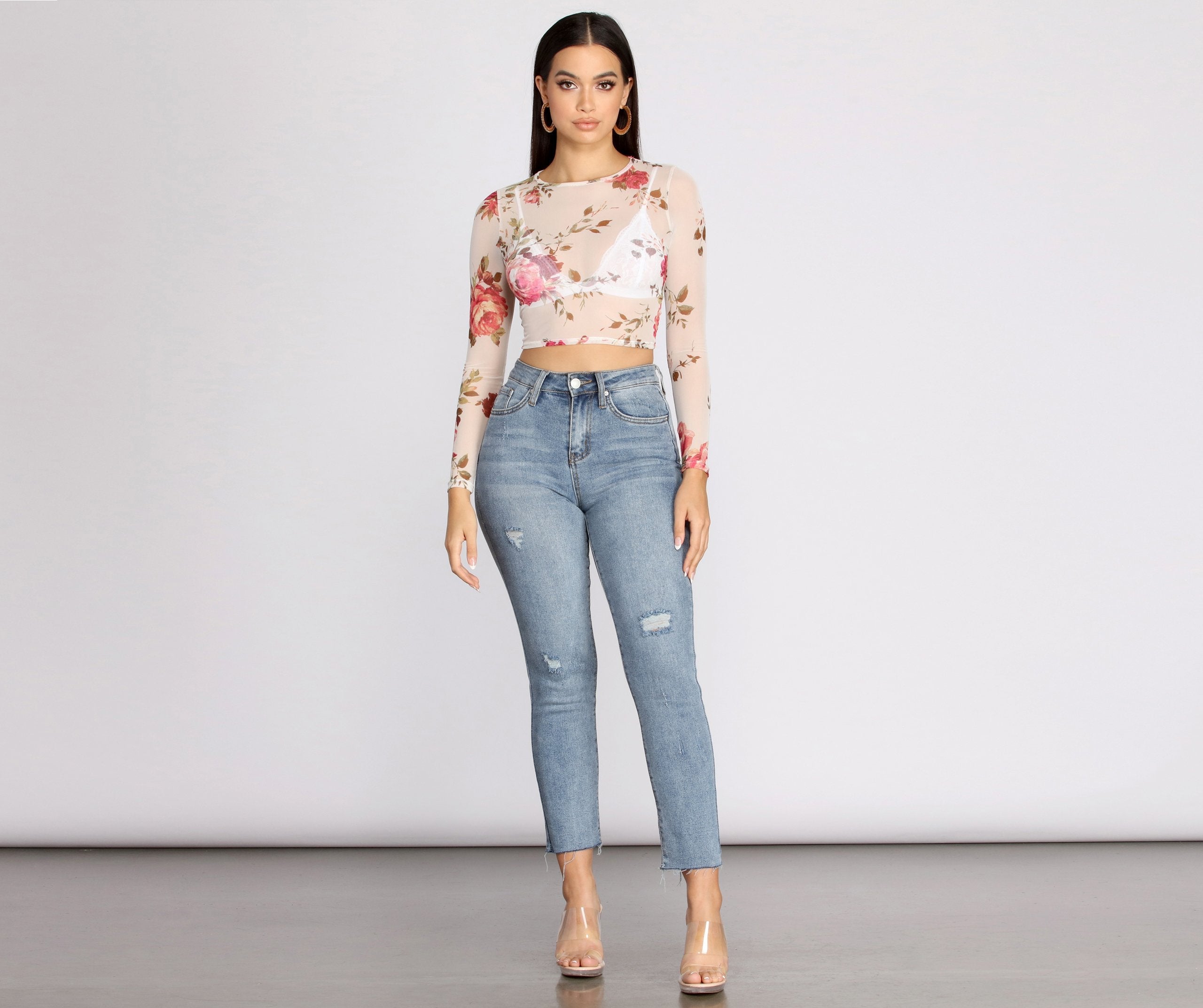 Sweet Floral Mesh Crop Top - Lady Occasions