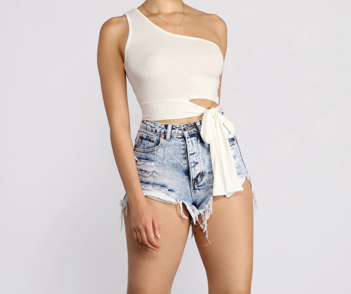 One Shoulder Tie Waist Crop Top - Lady Occasions