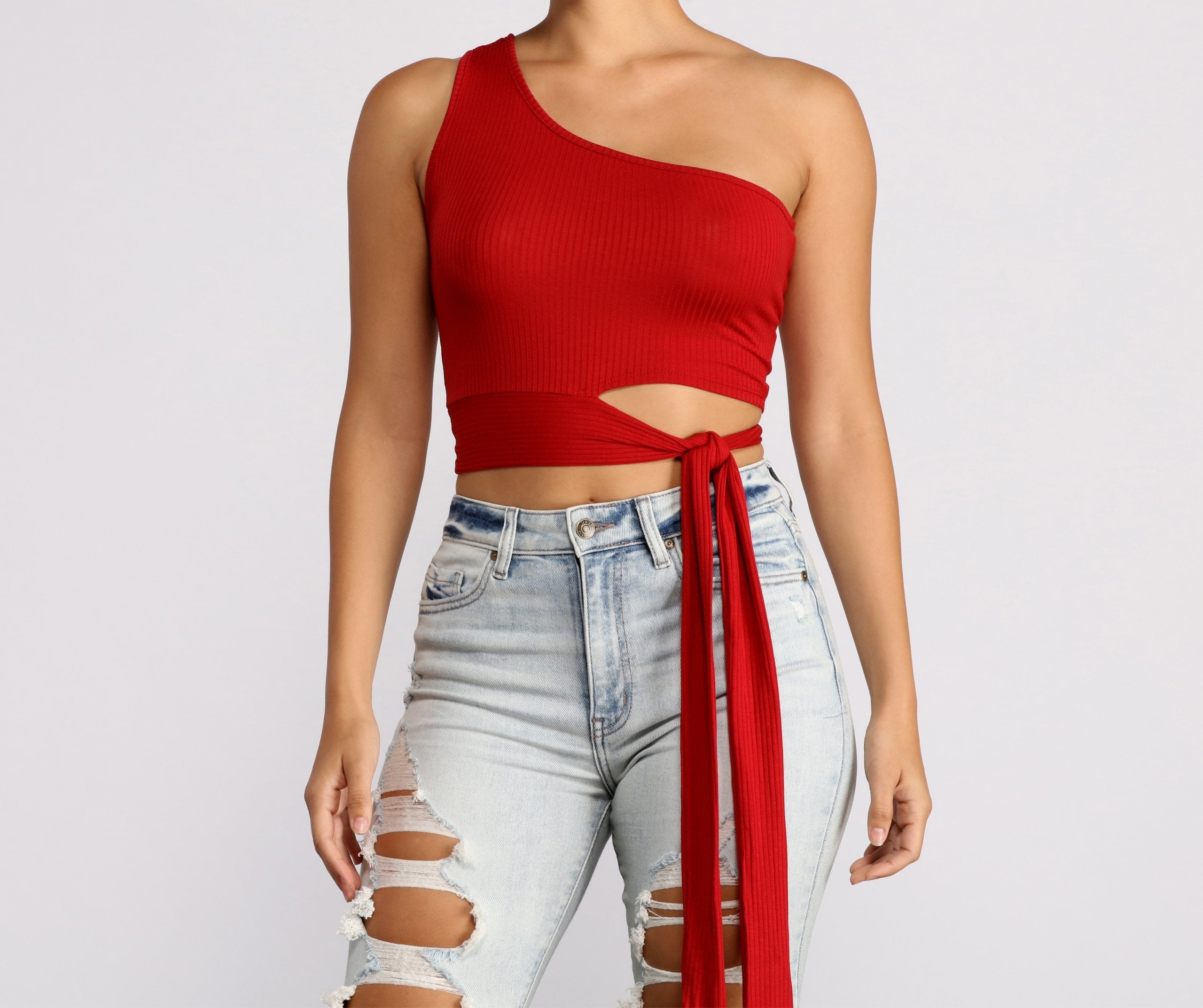 One Shoulder Tie Waist Crop Top - Lady Occasions