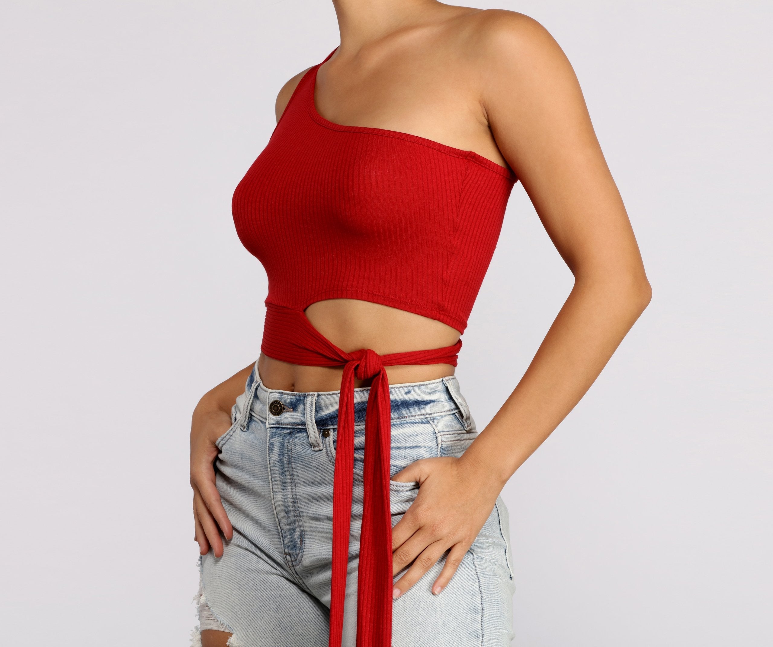 One Shoulder Tie Waist Crop Top - Lady Occasions