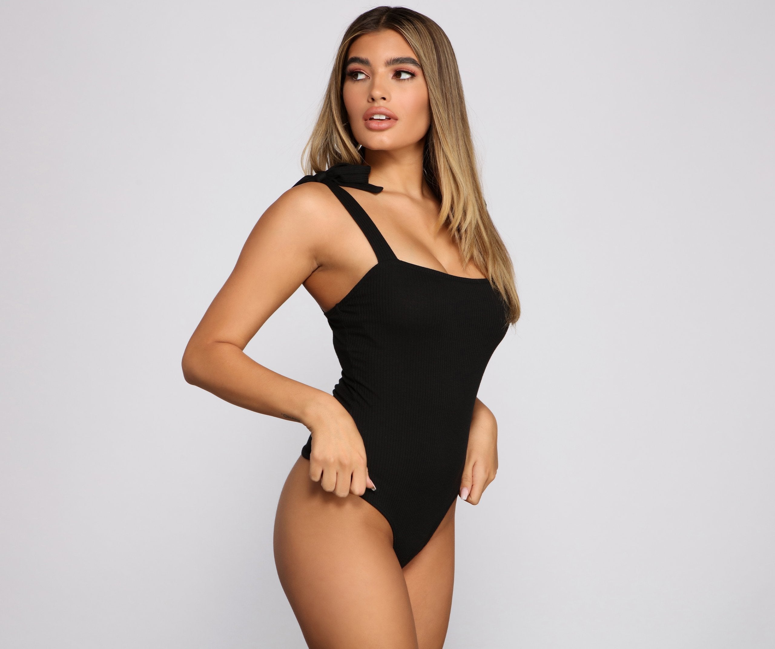 Ribbed Tie Strap Bodysuit - Lady Occasions