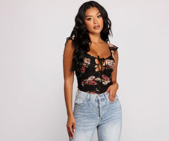 Ruffled Floral Lace-Up Mesh Bodysuit - Lady Occasions