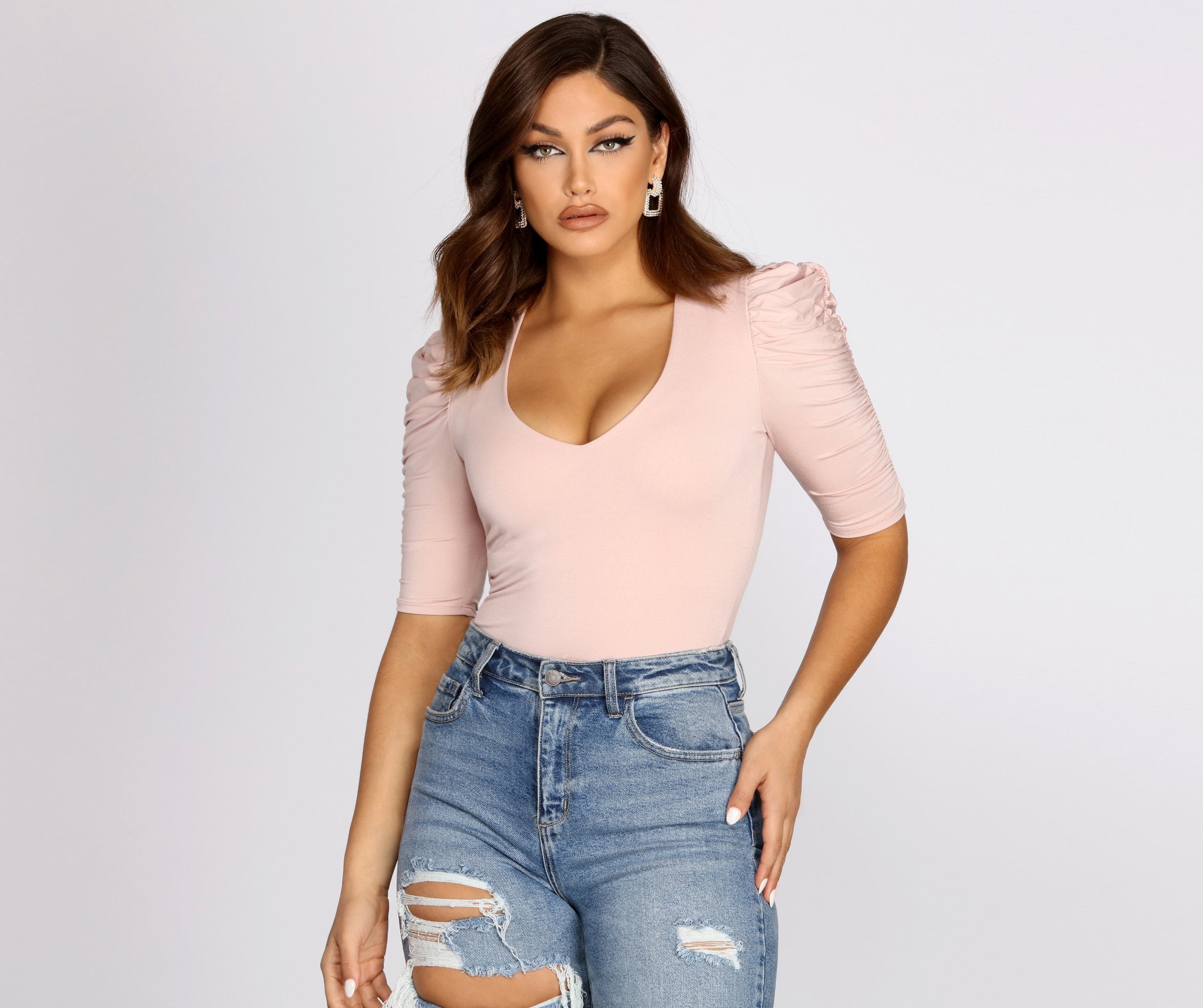 Ruched Puff Shoulder Bodysuit - Lady Occasions