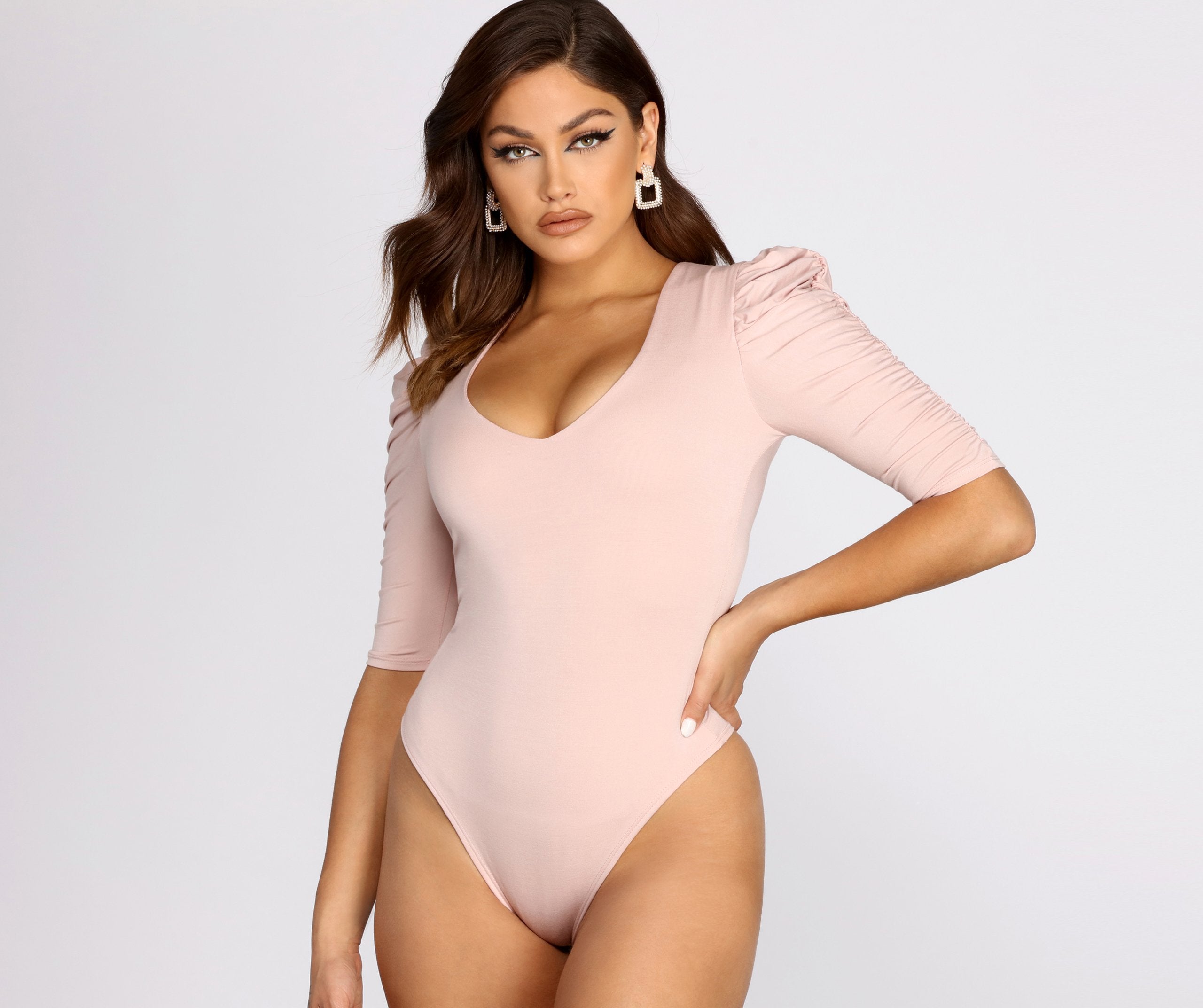 Ruched Puff Shoulder Bodysuit - Lady Occasions