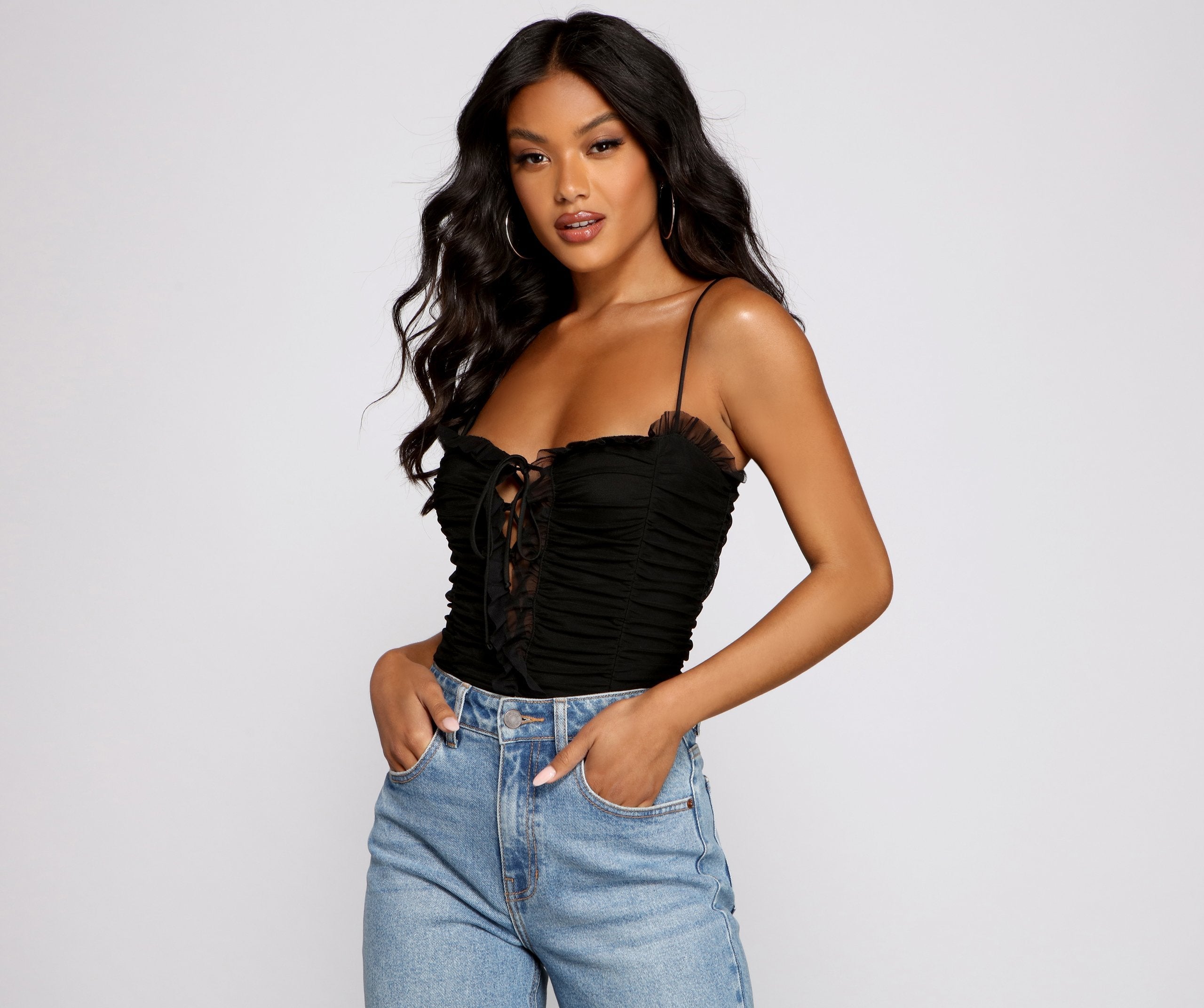 Ruched Ruffle Lace-Up Bodysuit - Lady Occasions