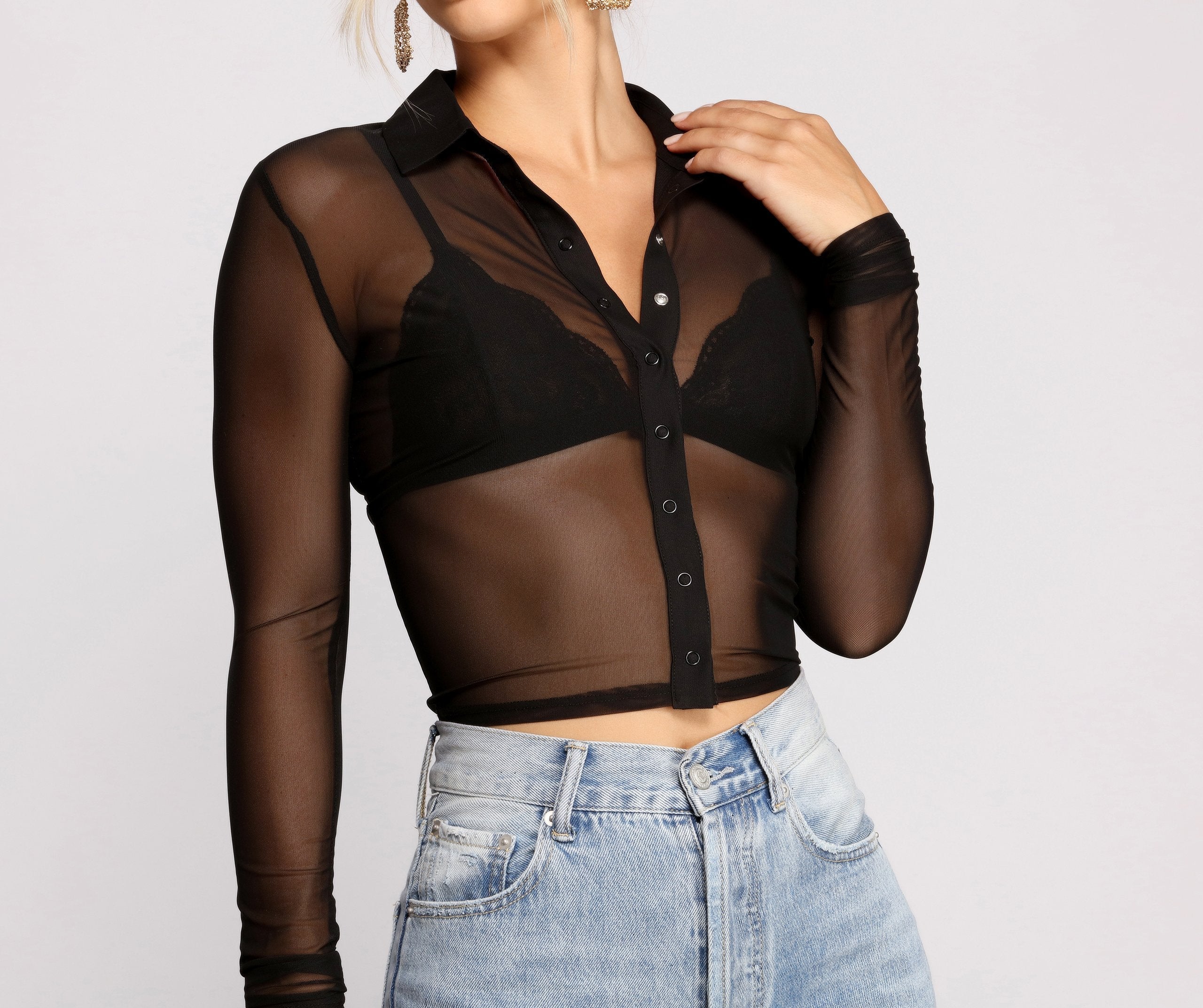 Sassy Snap Button Collared Mesh Crop Top - Lady Occasions