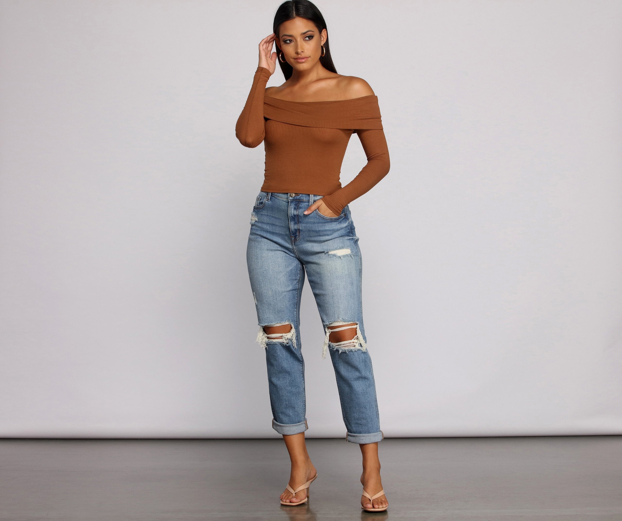 Ribbed Off The Shoulder Fold-Over Top - Lady Occasions