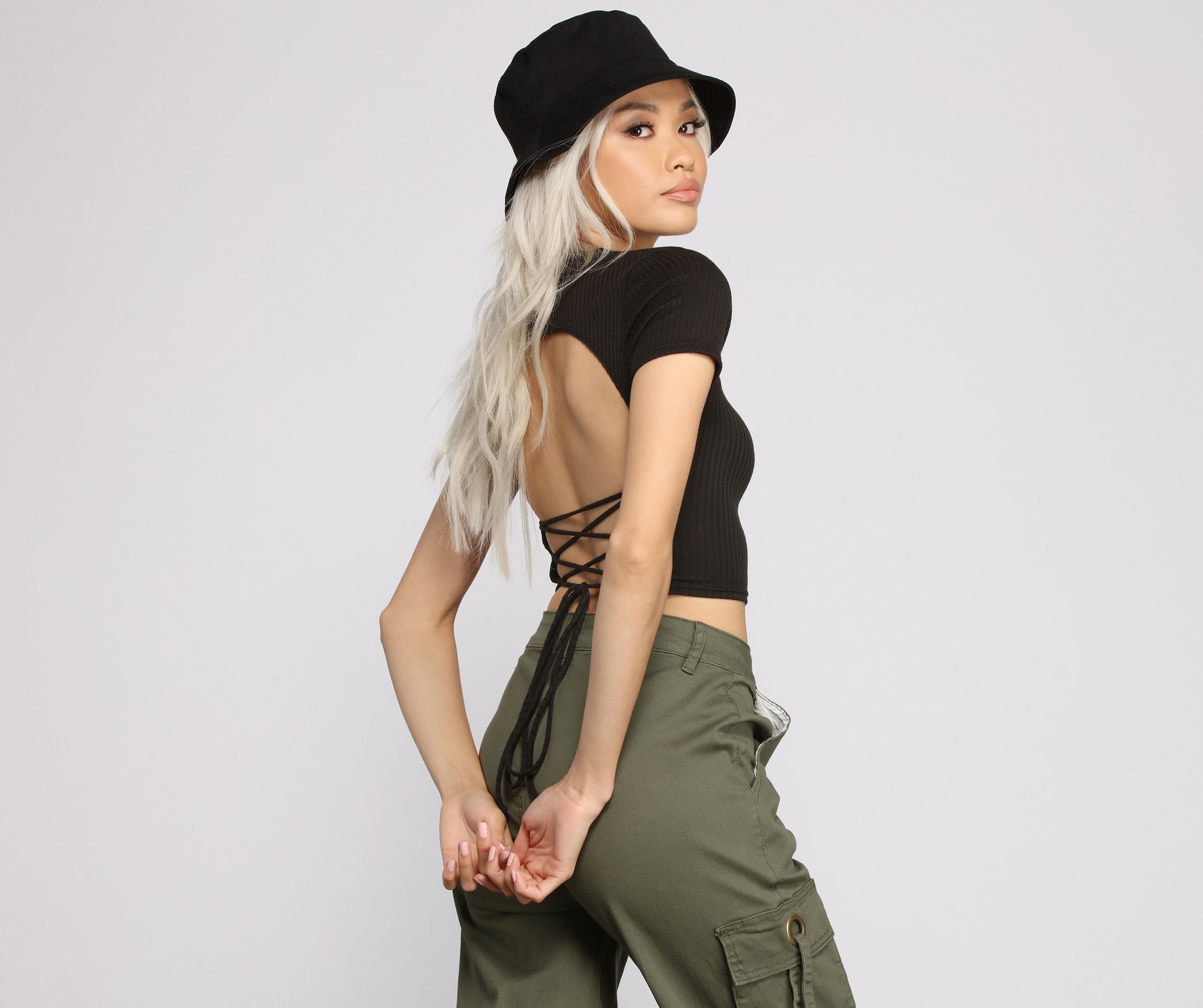 Ribbed Open Lace-Up Back Crop Top - Lady Occasions