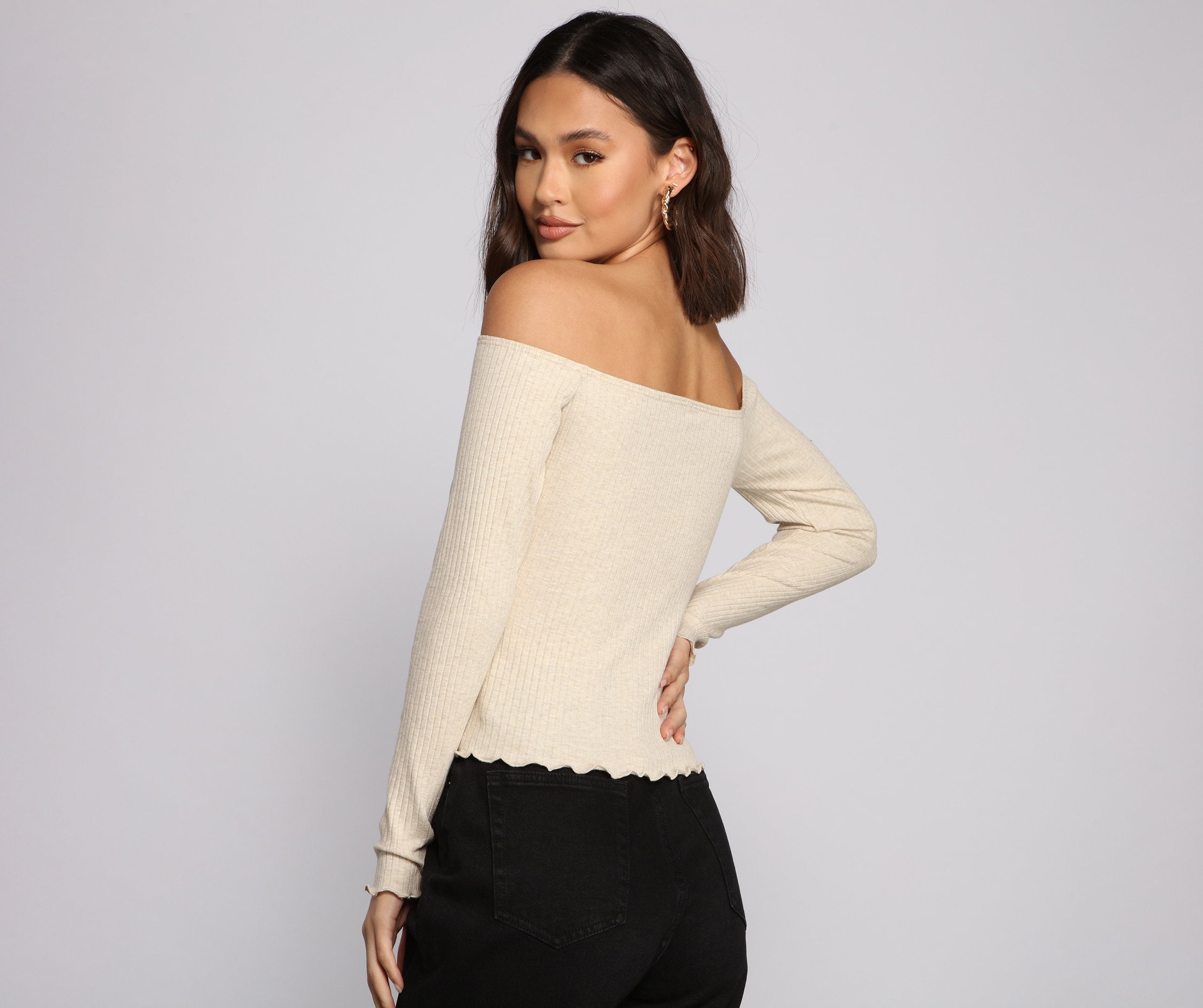 Off The Shoulder Long Sleeve Ribbed Knit Top - Lady Occasions