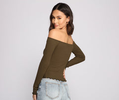 Off The Shoulder Long Sleeve Ribbed Knit Top - Lady Occasions