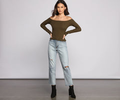 Off The Shoulder Long Sleeve Ribbed Knit Top - Lady Occasions