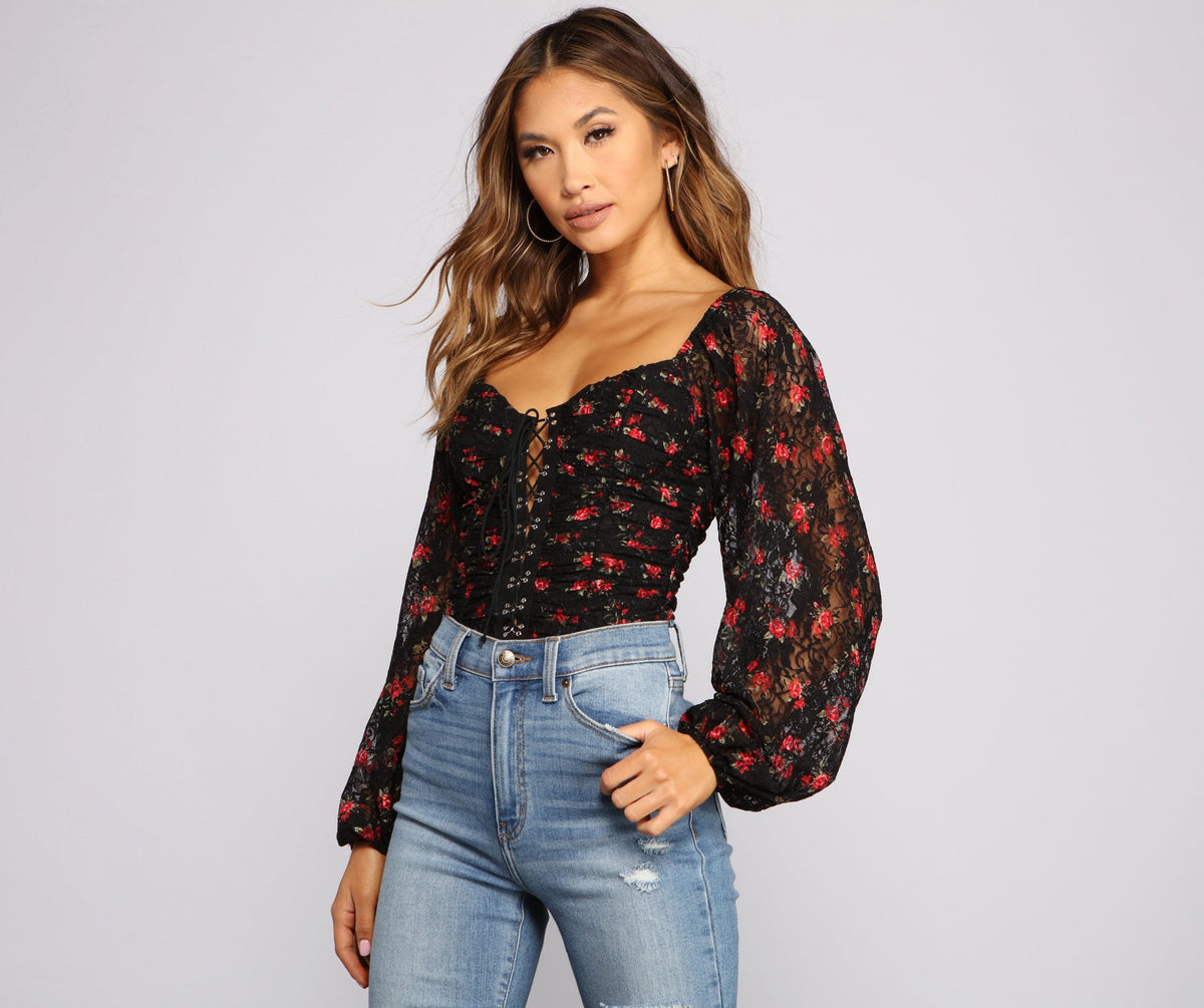 Floral Passion Lace-Up Bodysuit - Lady Occasions