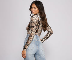 Velvet Snake Print Mock Neck Bodysuit - Lady Occasions