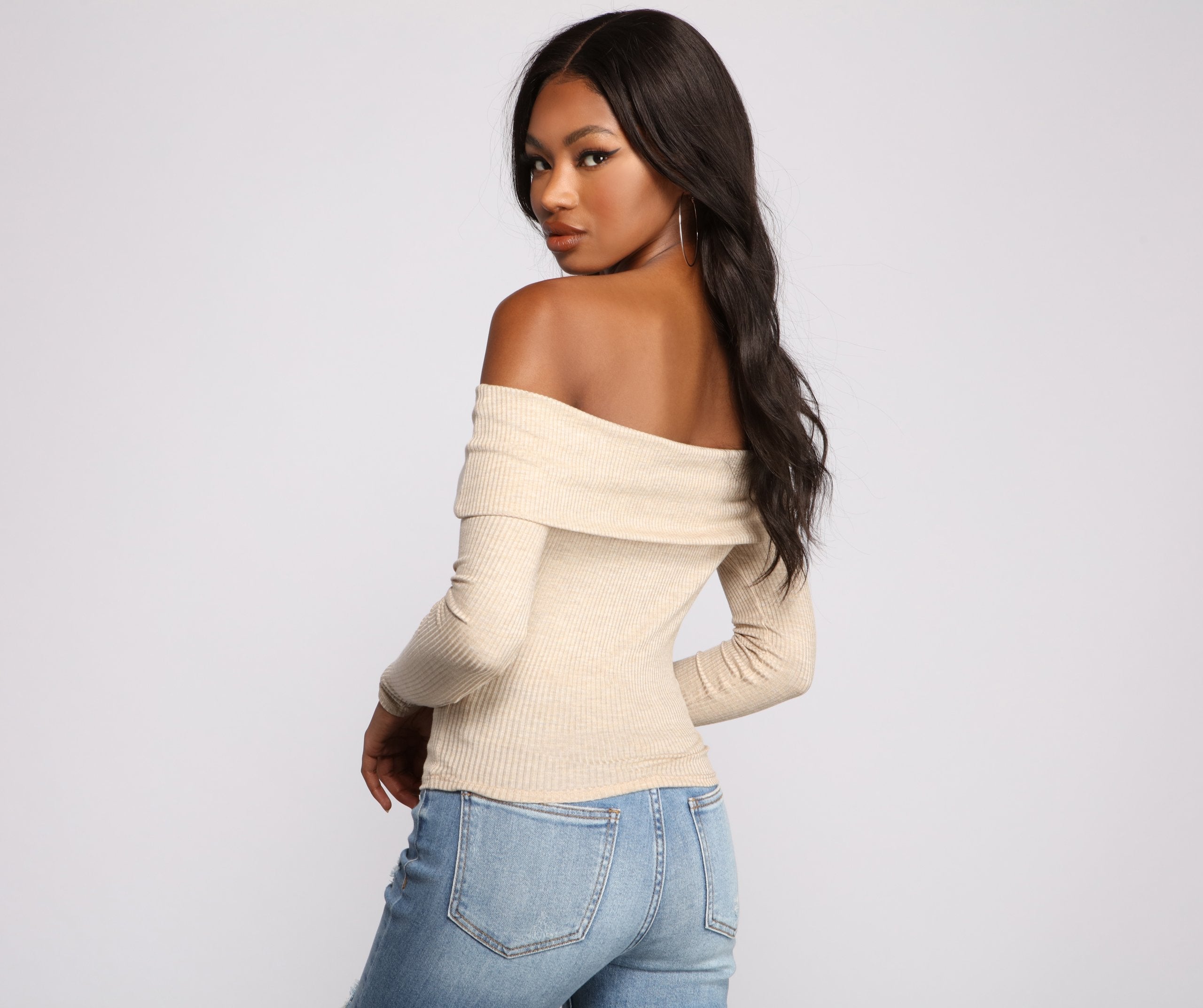 Ribbed Off The Shoulder Fold-Over Top - Lady Occasions