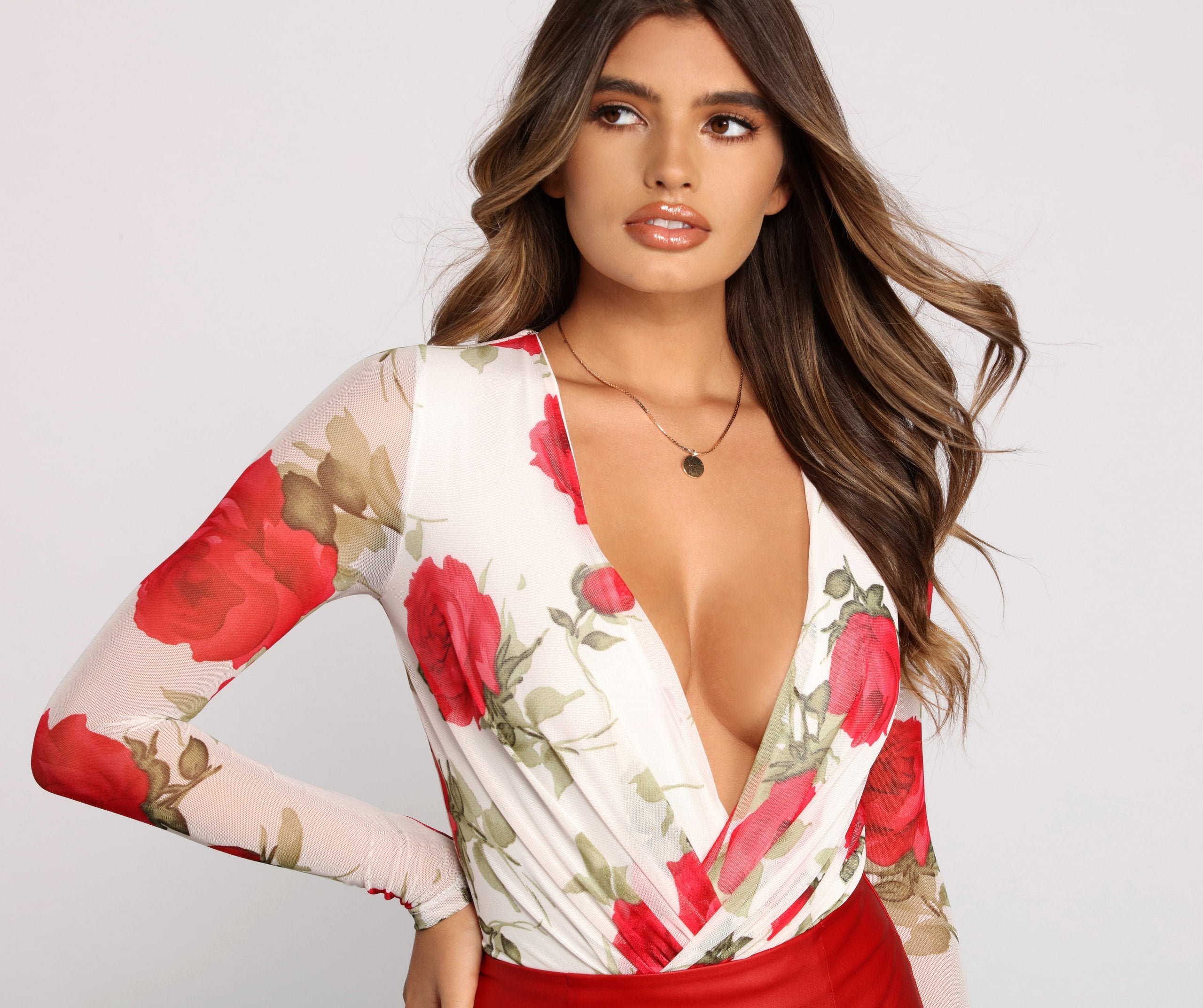 Floral Passion Surplice Mesh Bodysuit - Lady Occasions