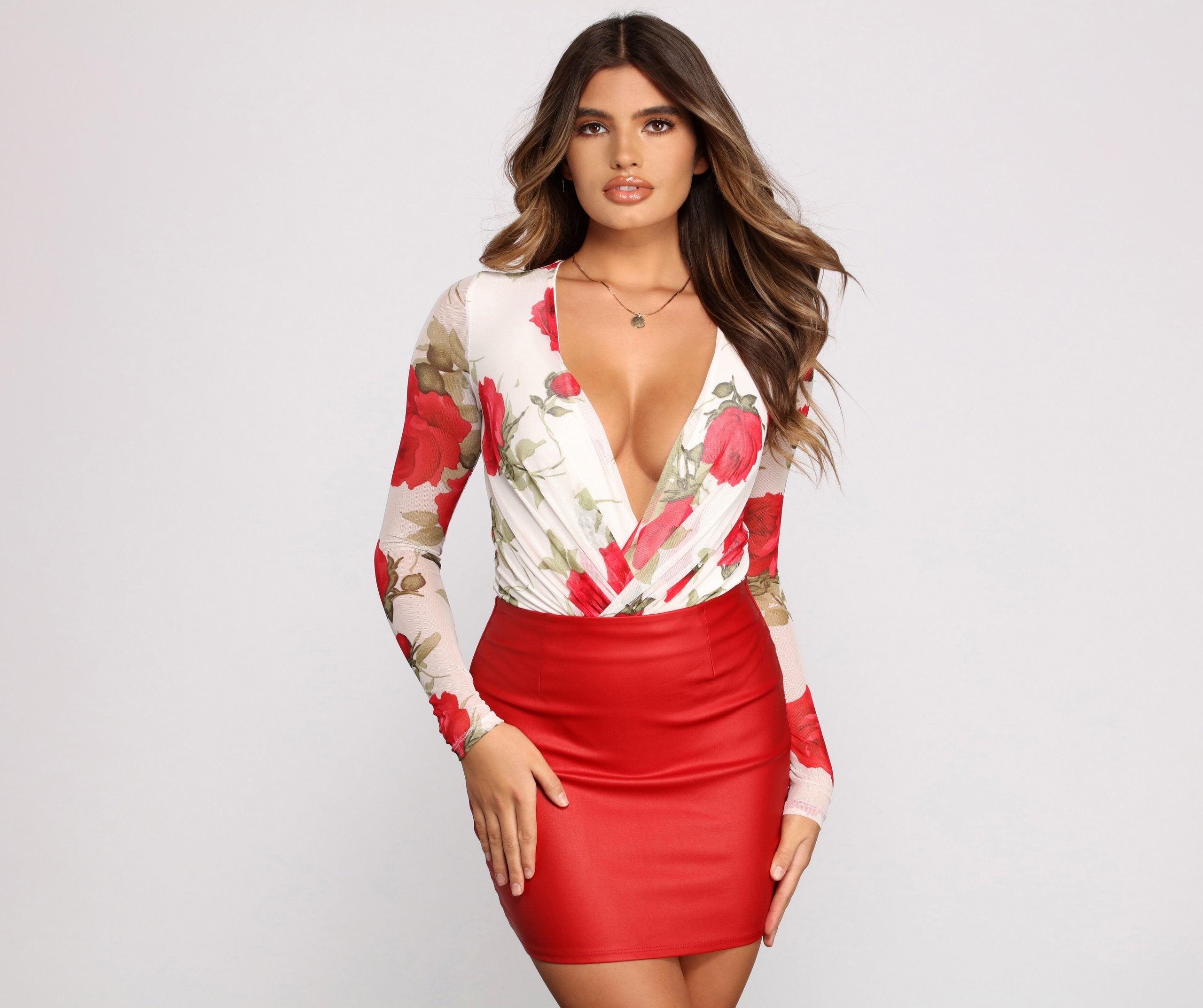 Floral Passion Surplice Mesh Bodysuit - Lady Occasions