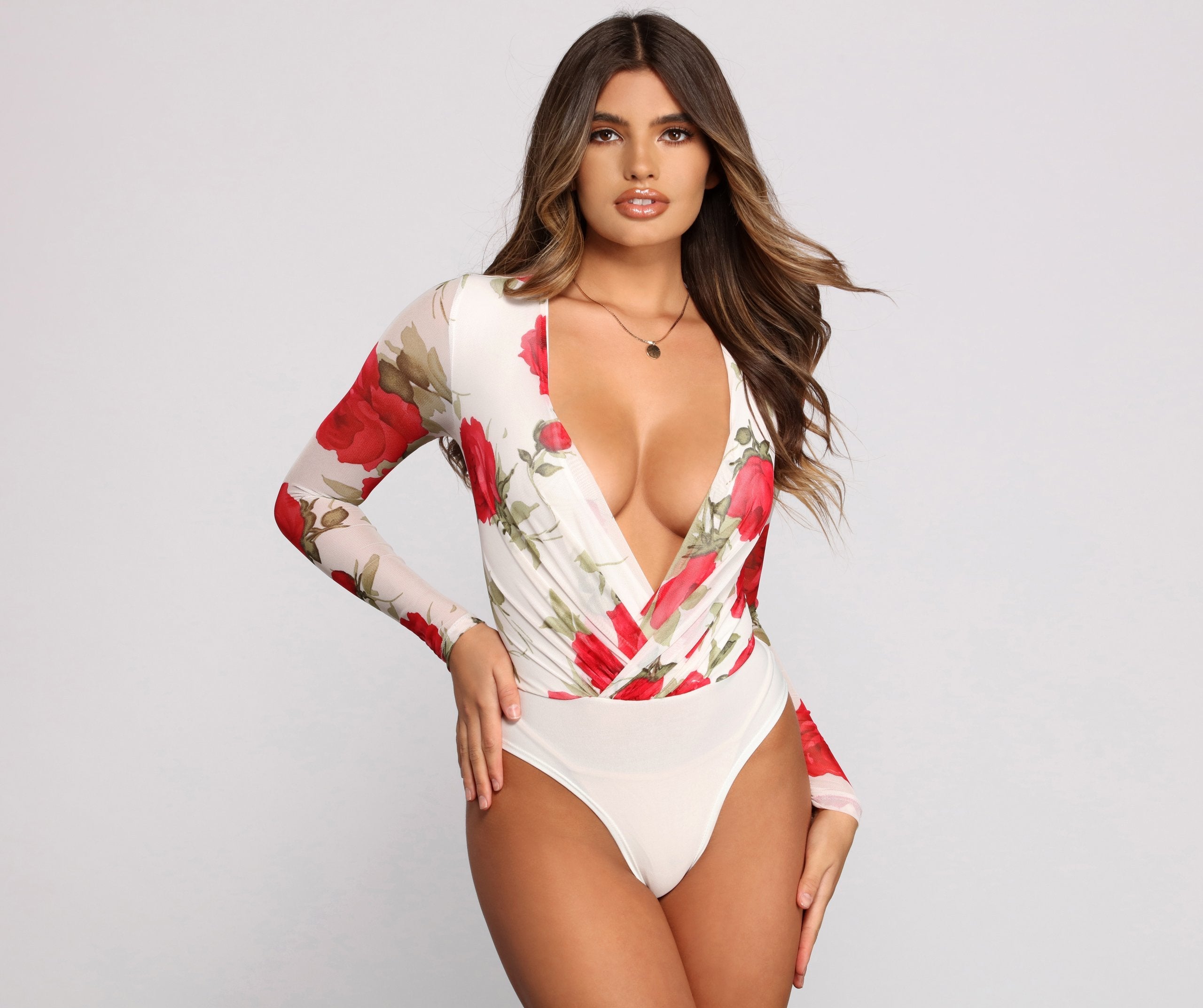 Floral Passion Surplice Mesh Bodysuit - Lady Occasions