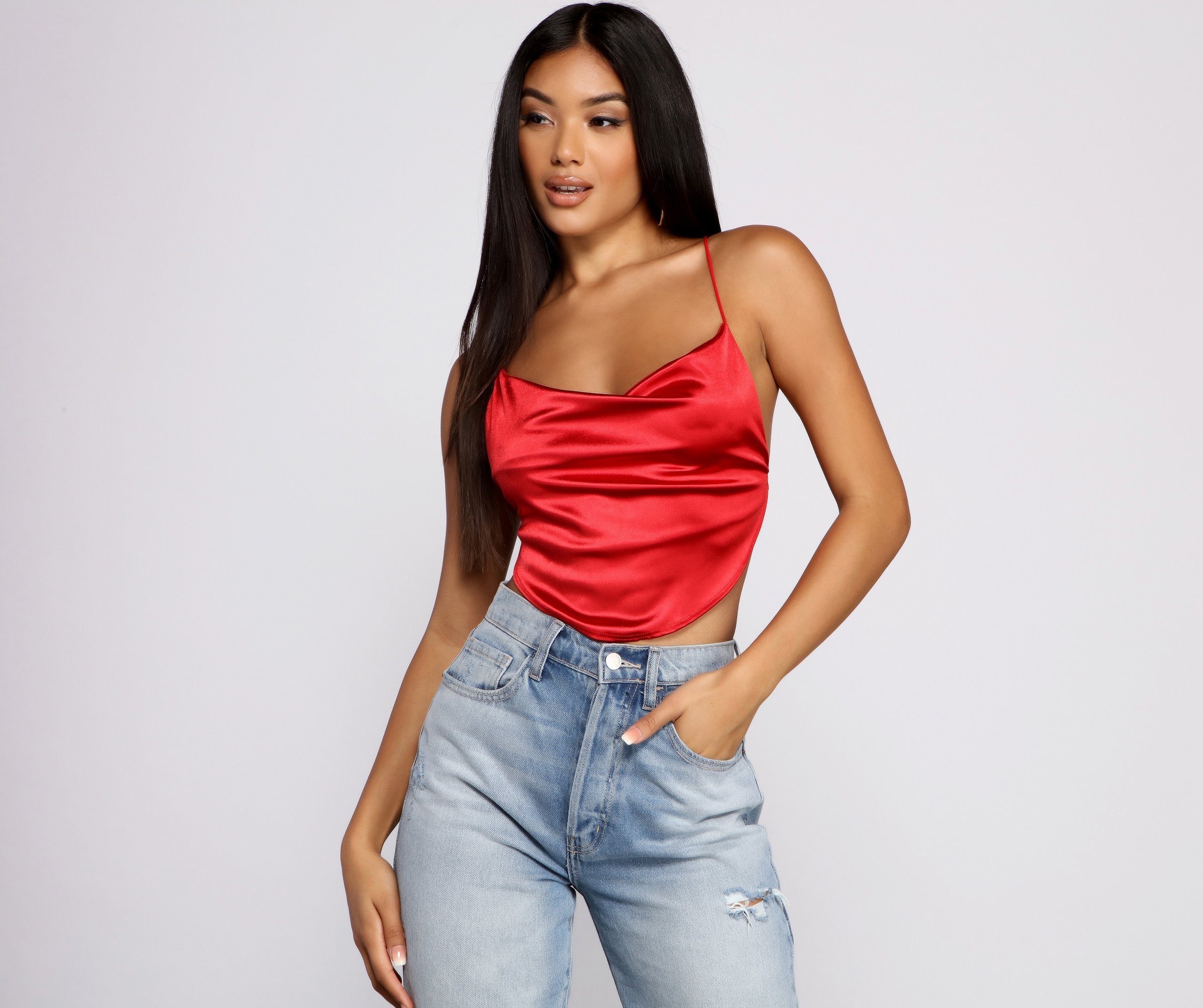 Satin Cowl Neck Strappy Crop Top - Lady Occasions