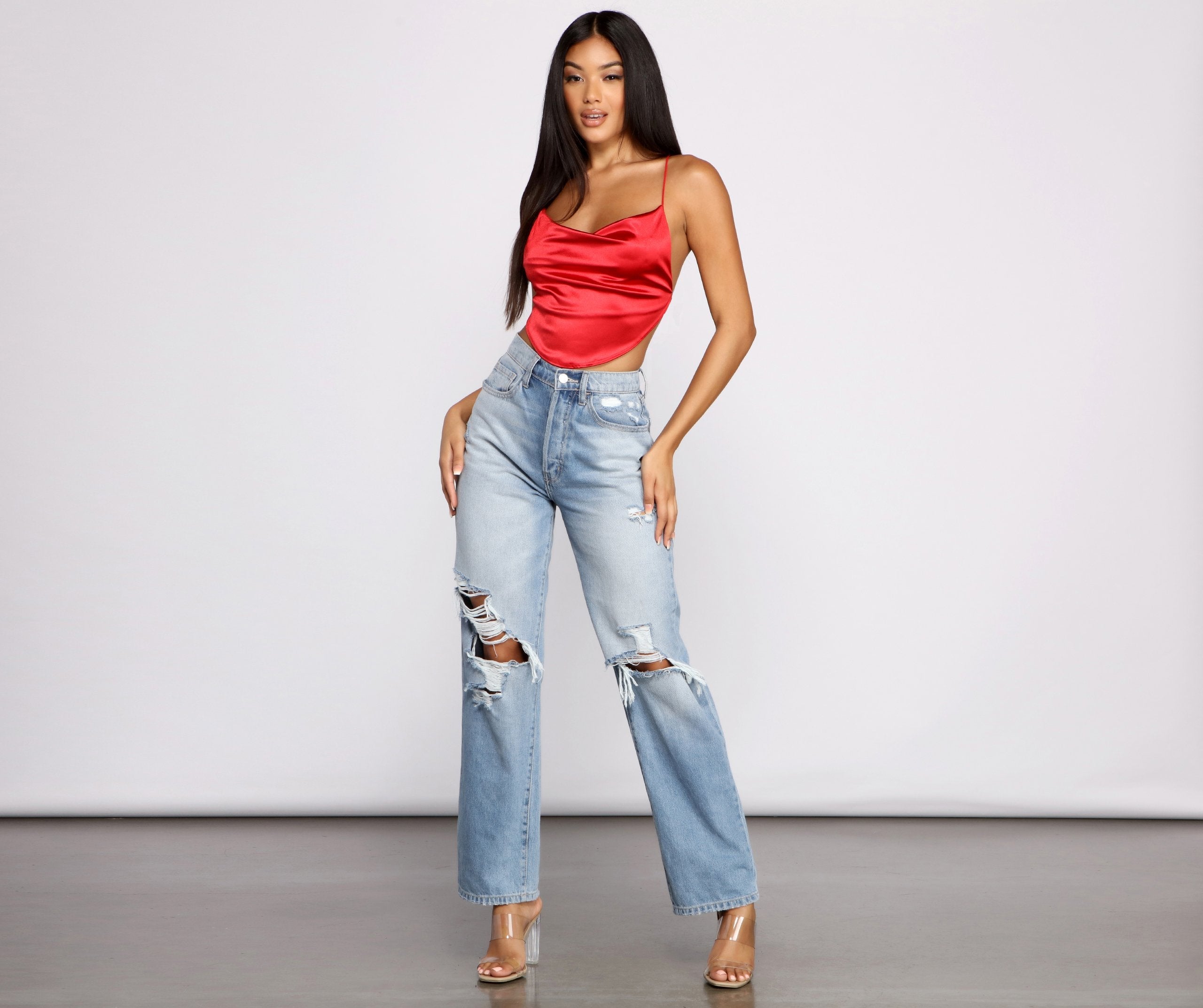 Satin Cowl Neck Strappy Crop Top - Lady Occasions