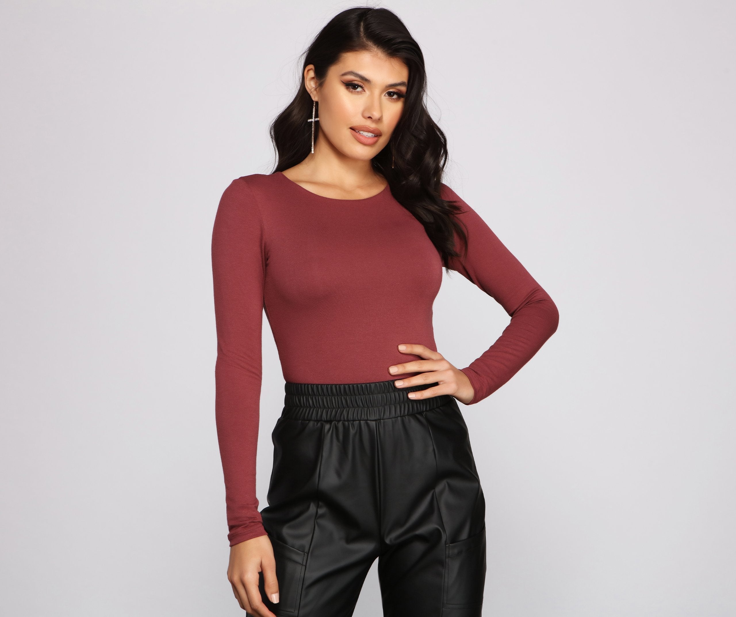 Long Sleeve Crew Neck Basic Bodysuit - Lady Occasions