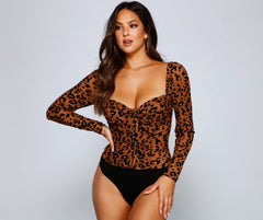 Ruched Burnout Leopard Print Mesh Bodysuit - Lady Occasions