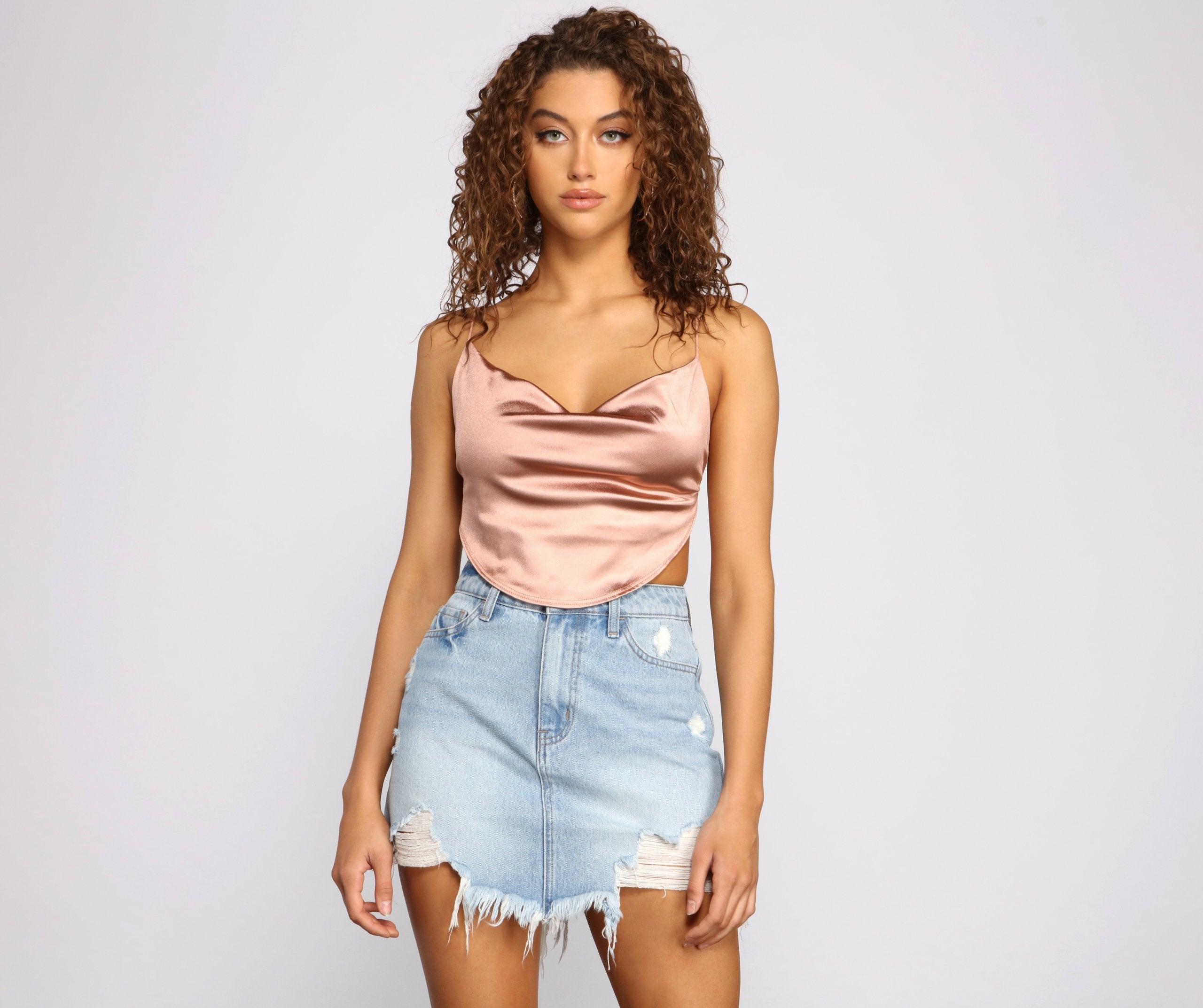 Satin Cowl Neck Strappy Crop Top - Lady Occasions