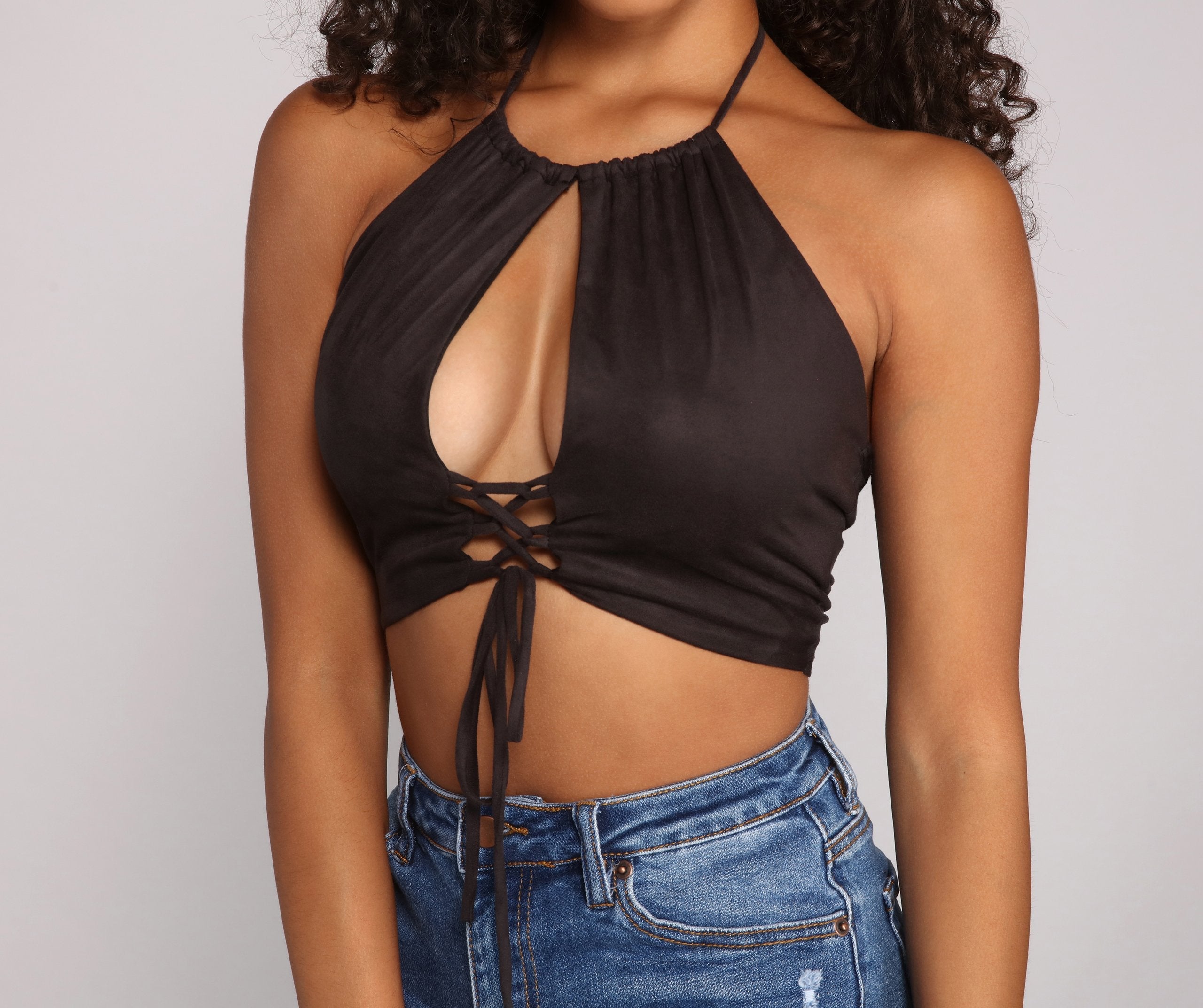 Basic Faux Suede Halter Crop Top - Lady Occasions