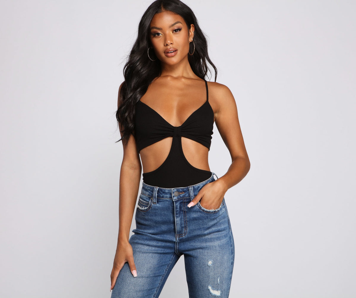 Basic Ribbed Knit Cutout Bodysuit - Lady Occasions