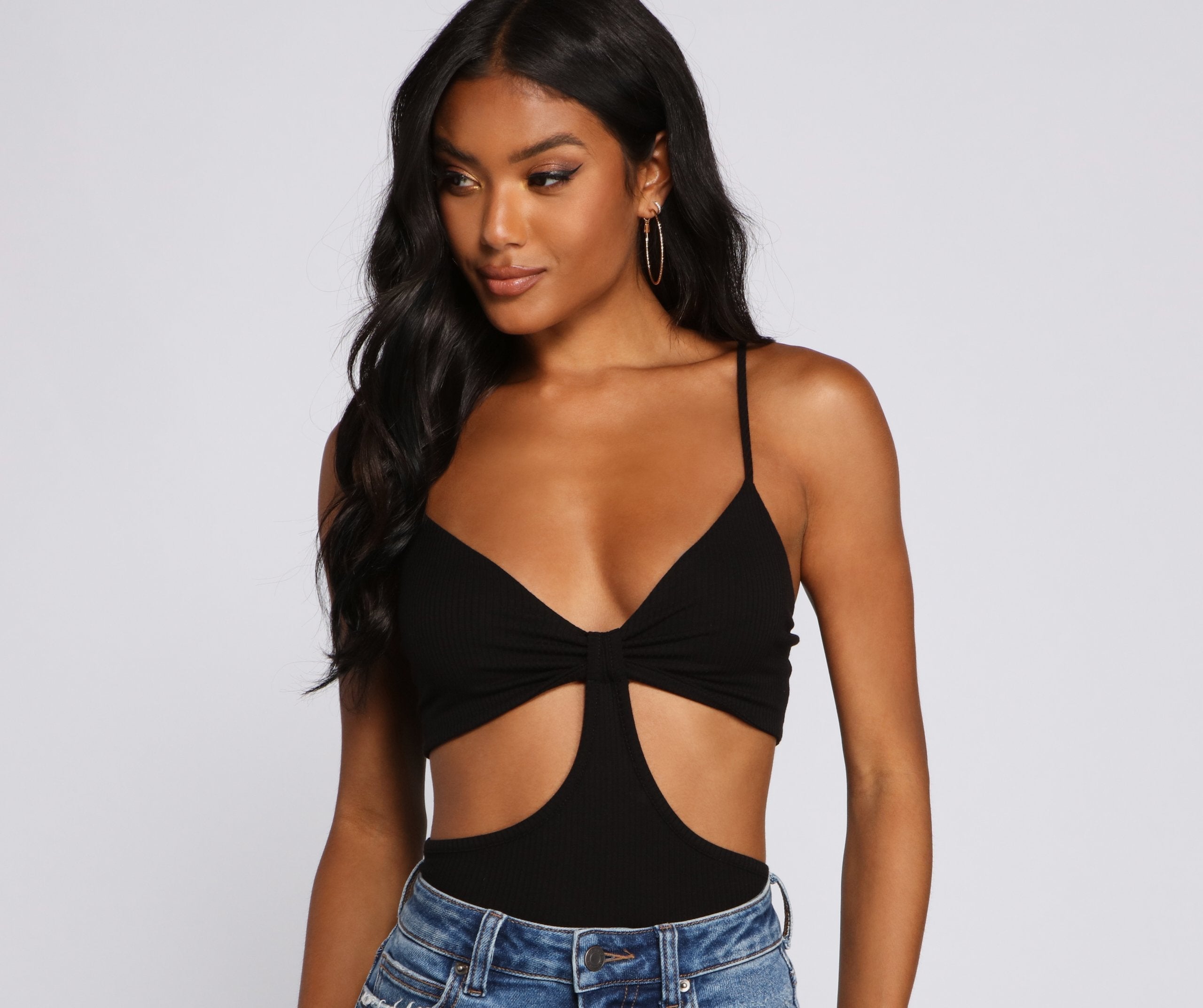 Basic Ribbed Knit Cutout Bodysuit - Lady Occasions