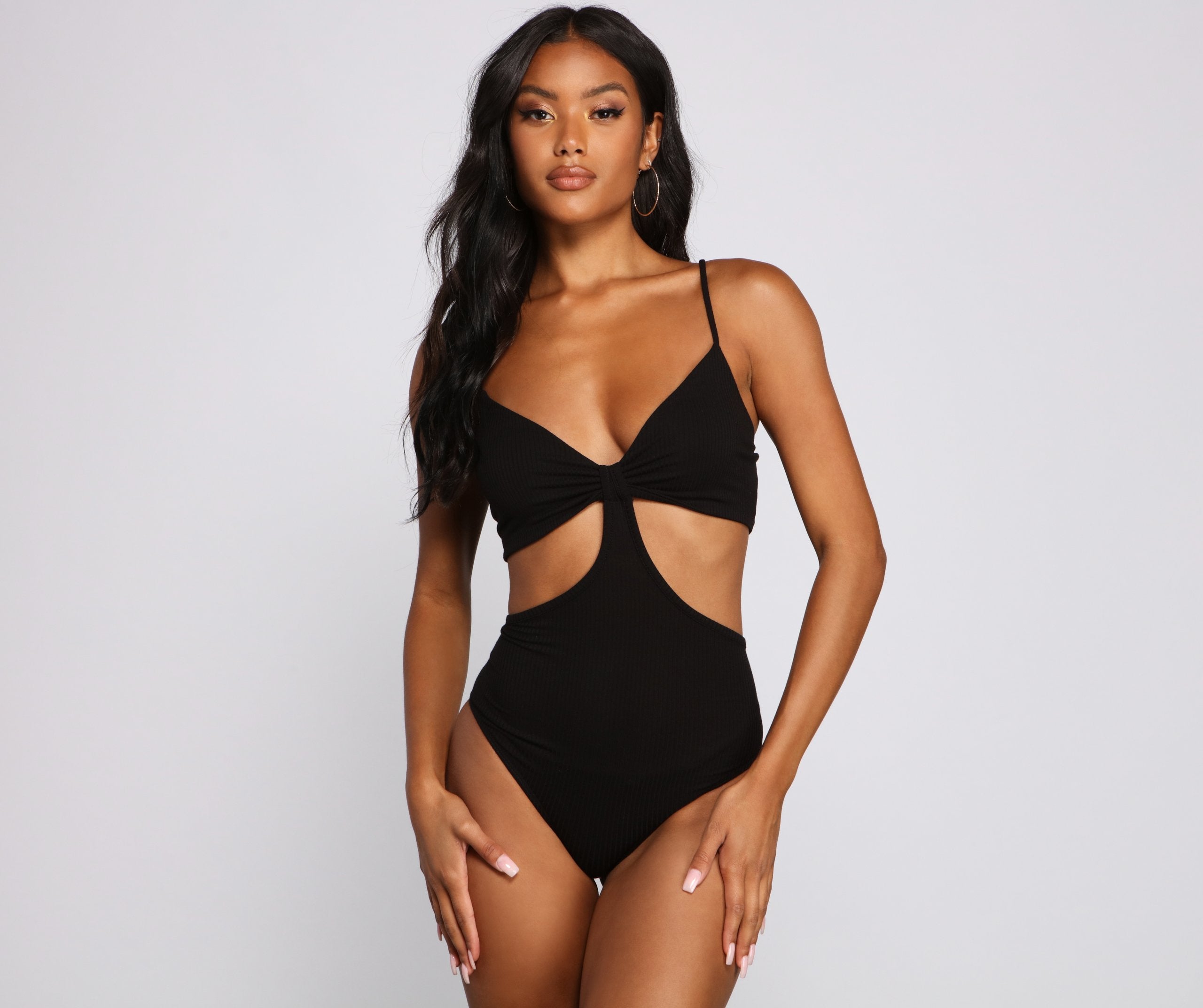 Basic Ribbed Knit Cutout Bodysuit - Lady Occasions