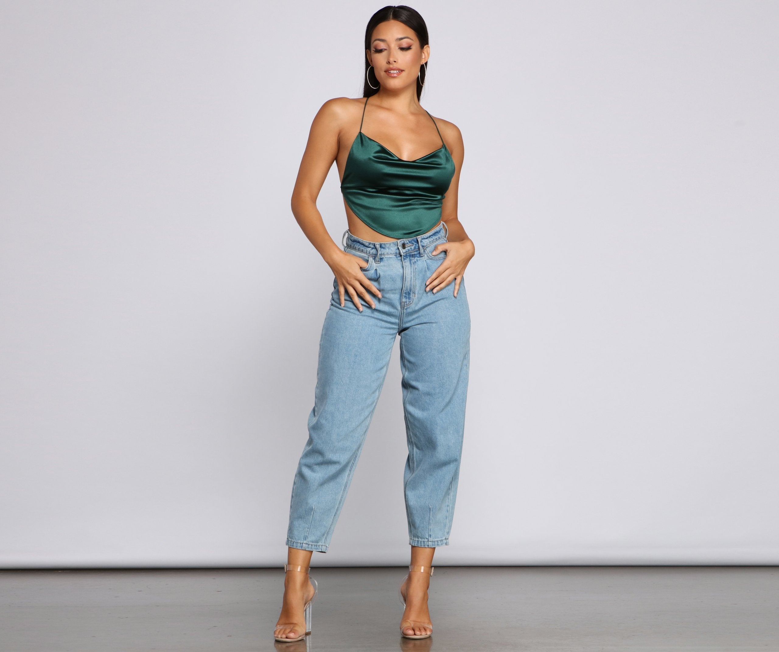 Satin Cowl Neck Strappy Crop Top - Lady Occasions