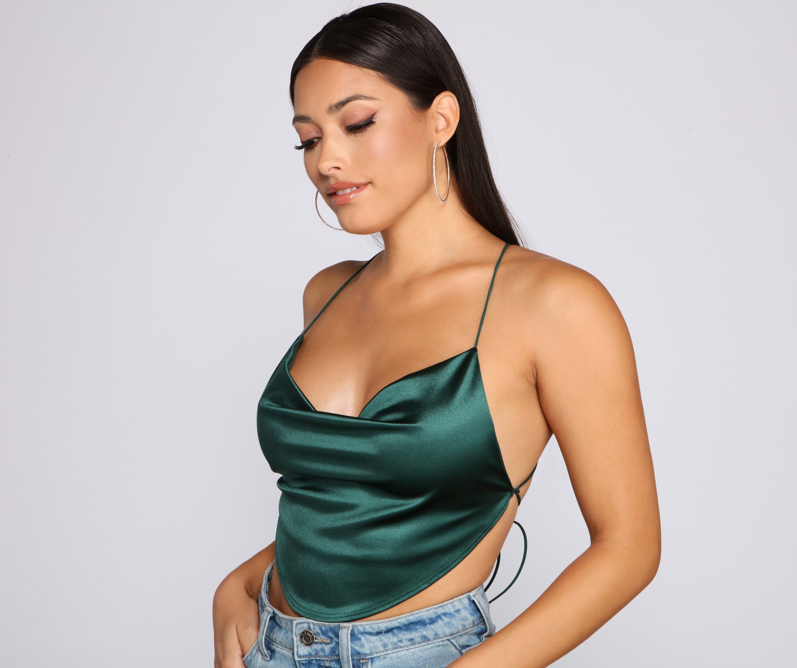 Satin Cowl Neck Strappy Crop Top - Lady Occasions