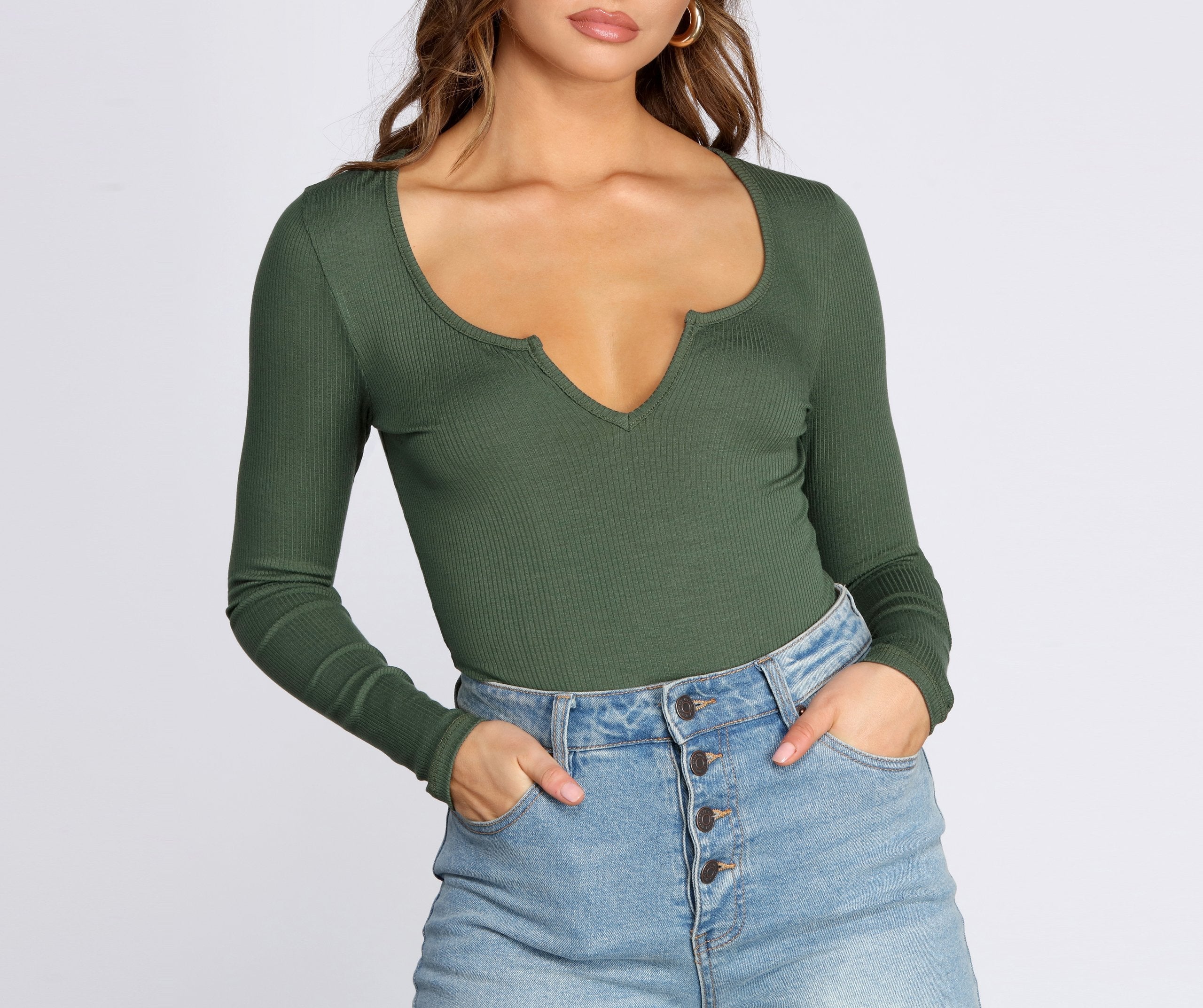 Notched Ribbed Knit Bodysuit - Lady Occasions