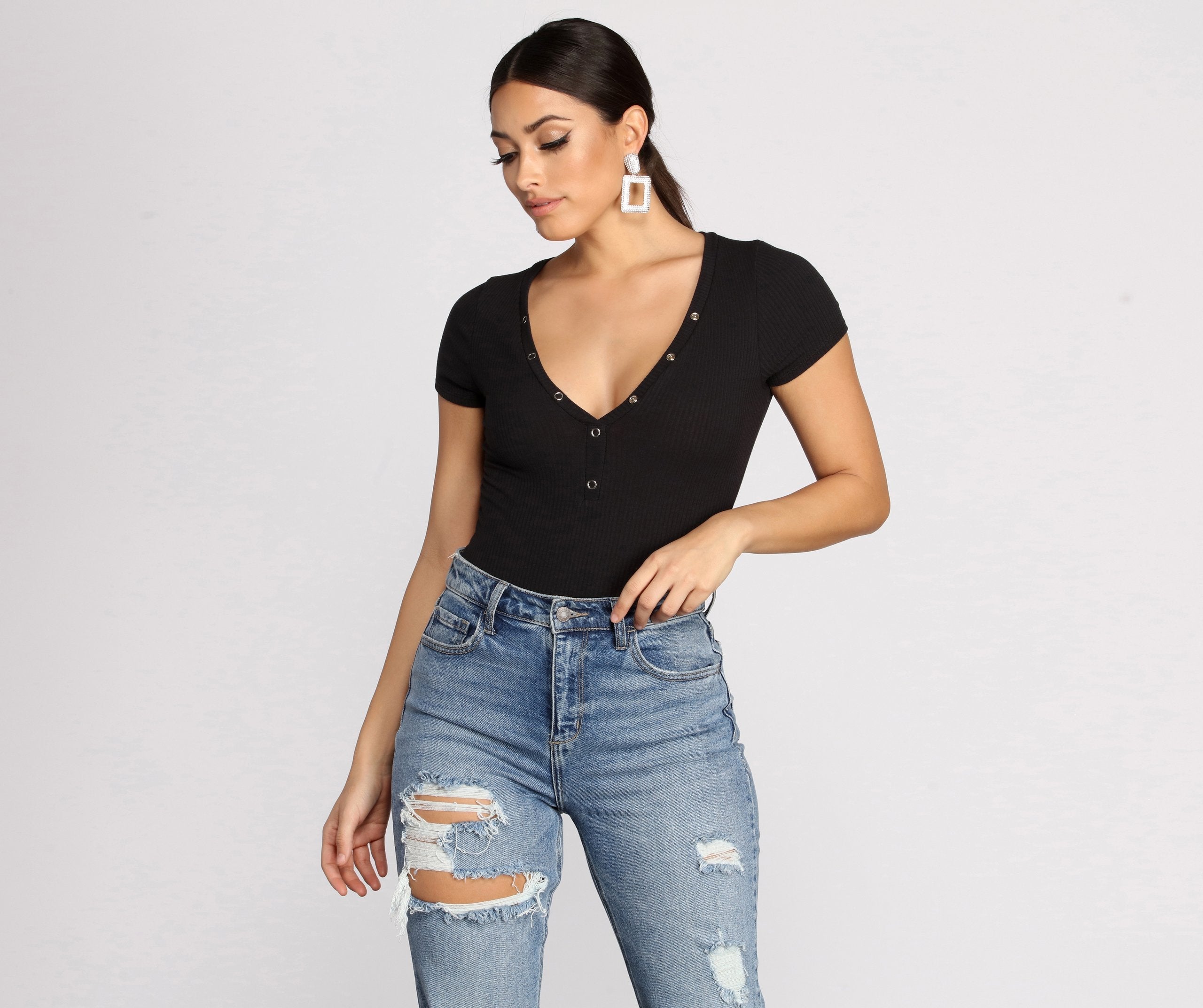 Basic Vibes Ribbed Henley Bodysuit - Lady Occasions