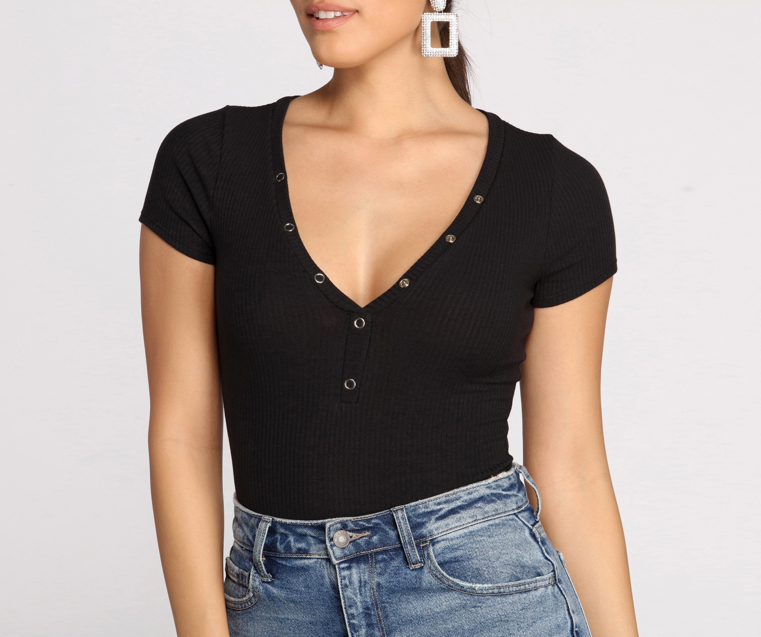 Basic Vibes Ribbed Henley Bodysuit - Lady Occasions