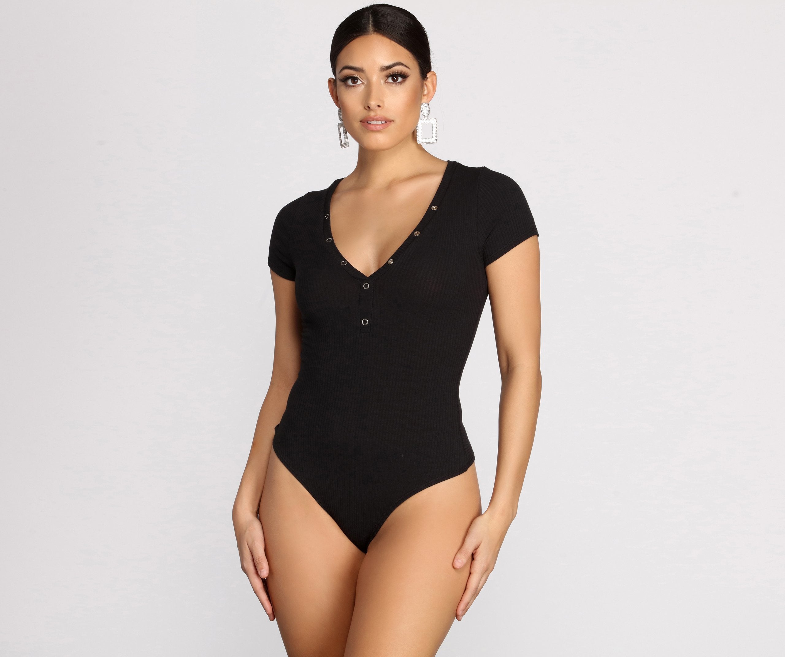 Basic Vibes Ribbed Henley Bodysuit - Lady Occasions