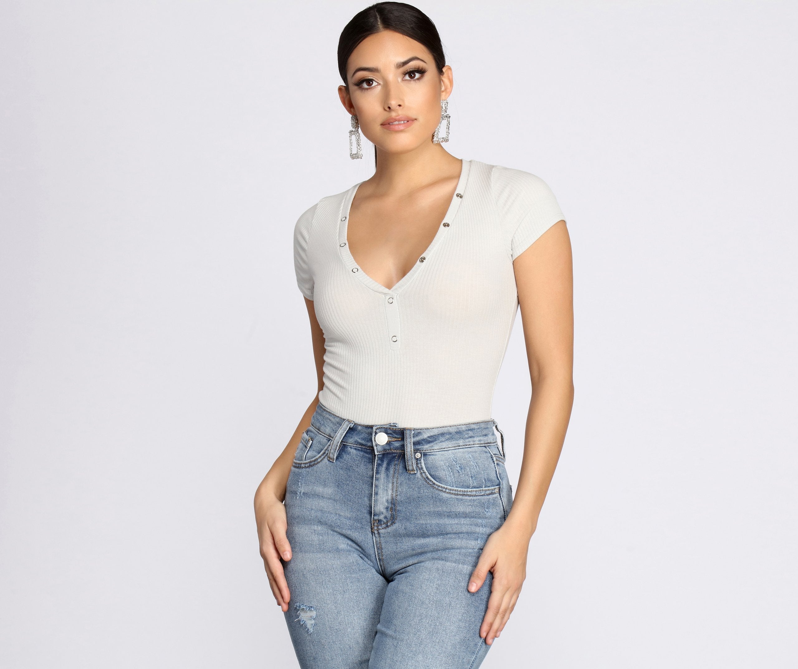 Basic Vibes Ribbed Henley Bodysuit - Lady Occasions