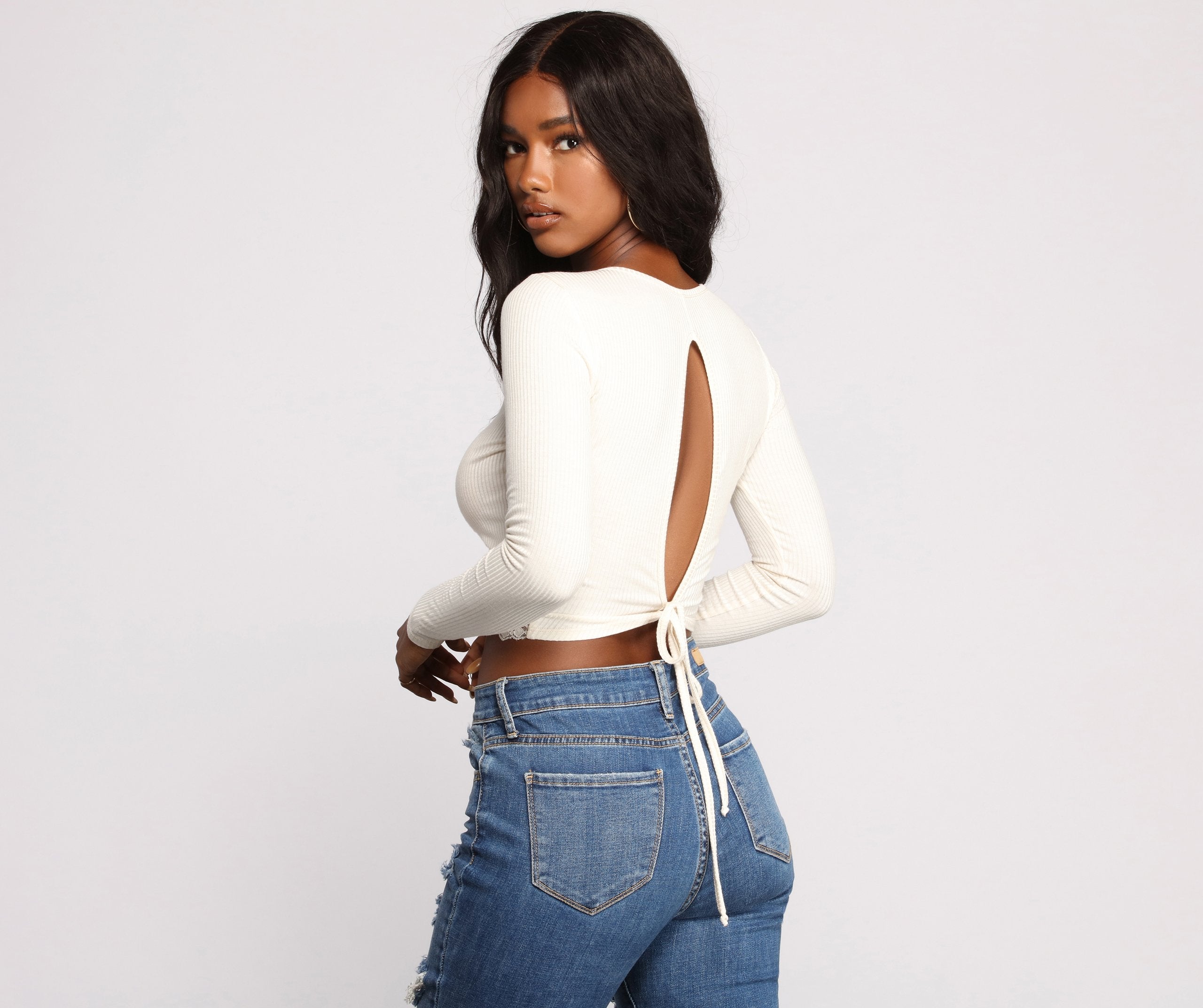 Ribbed Tie Back Lace Hem Crop Top - Lady Occasions