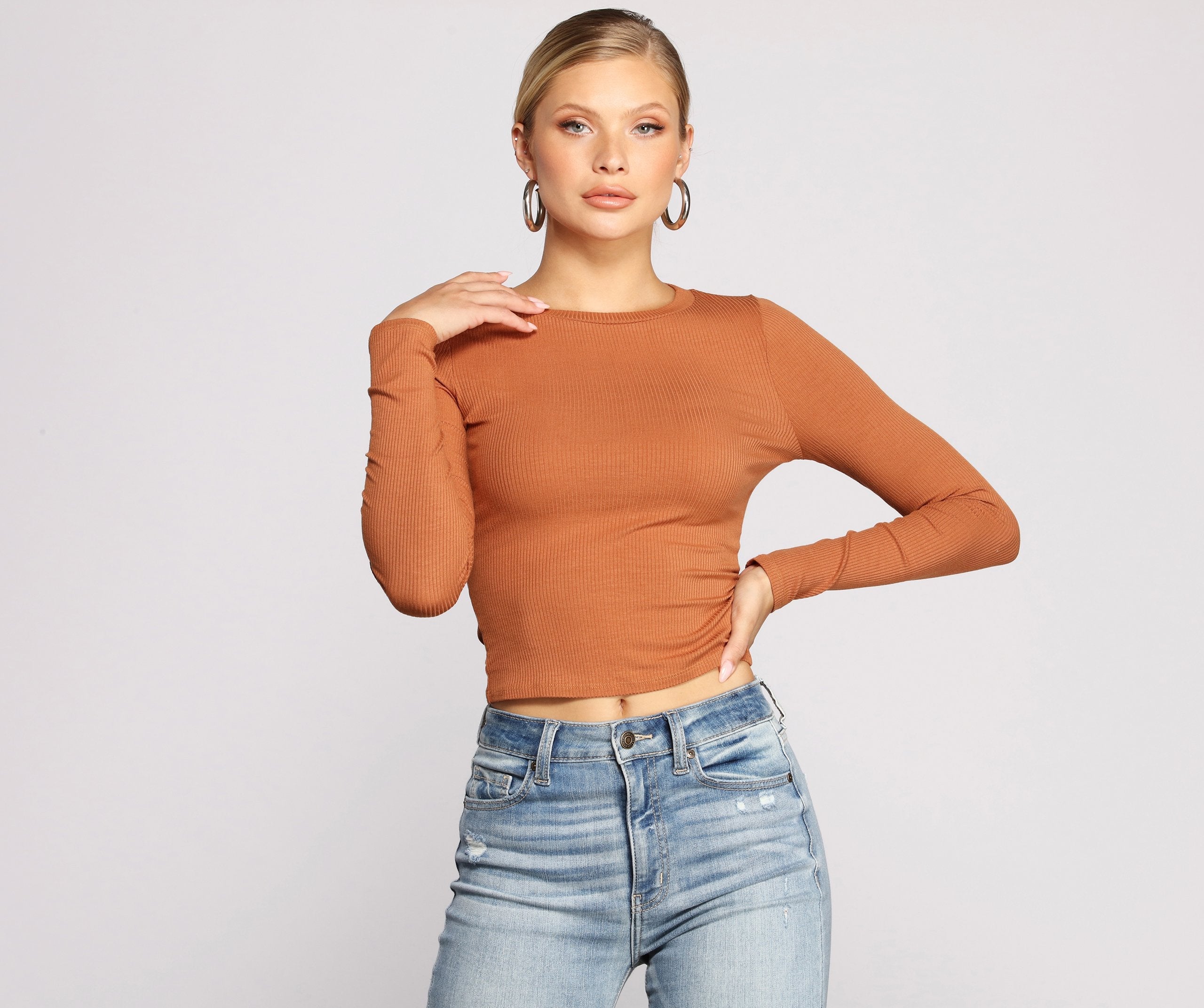 Long Sleeve Ribbed Basic Top - Lady Occasions