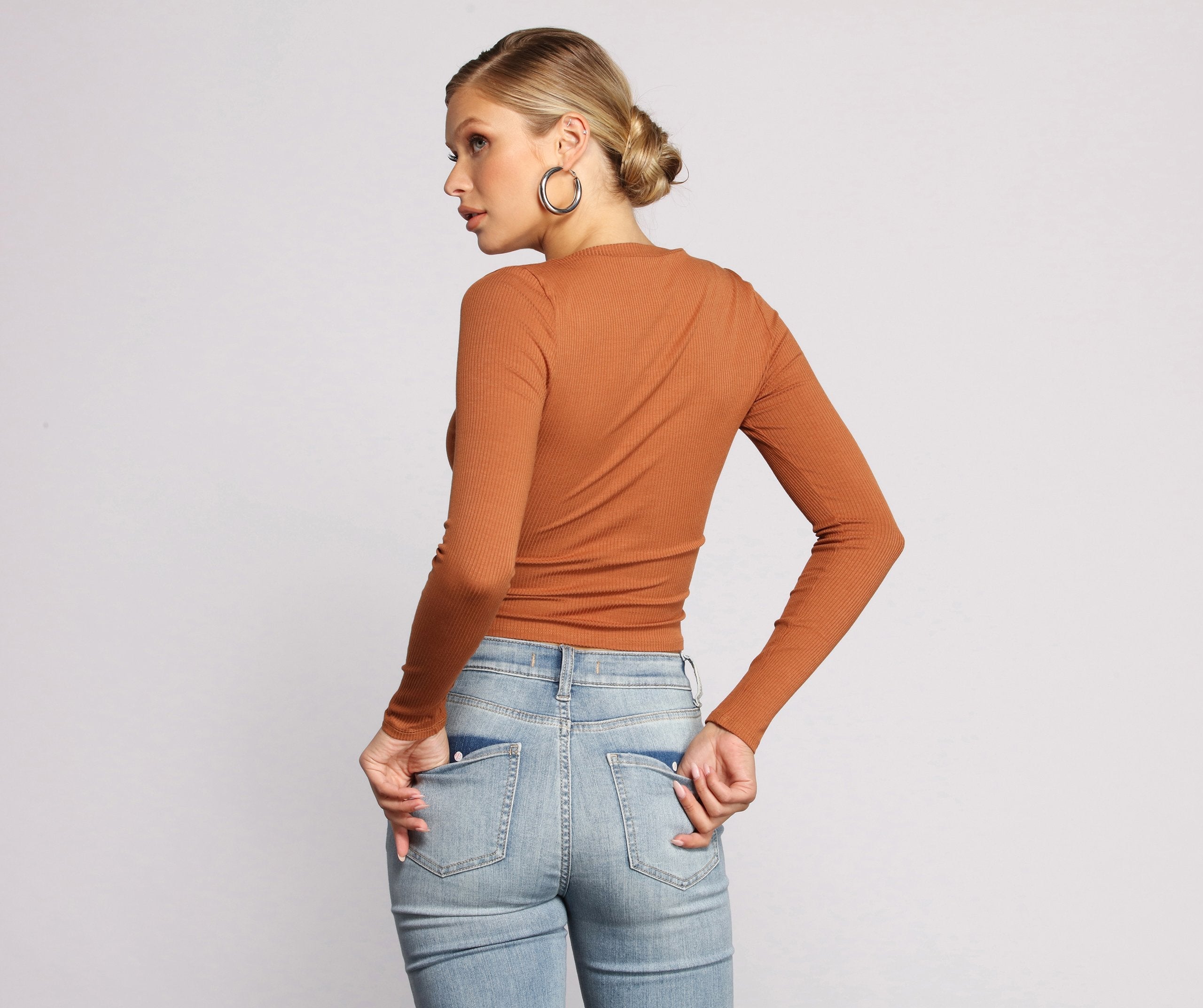 Long Sleeve Ribbed Basic Top - Lady Occasions