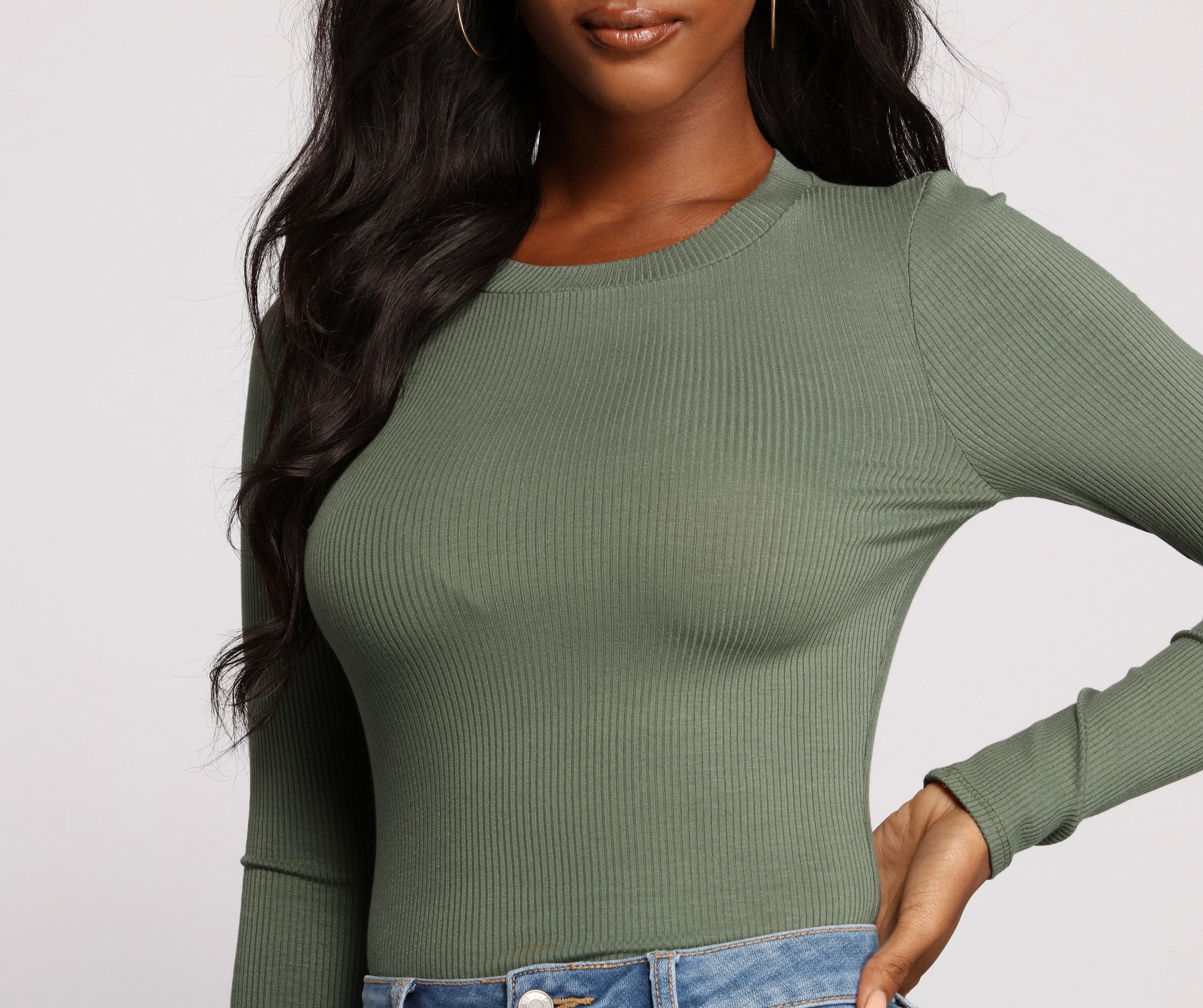 Long Sleeve Ribbed Basic Top - Lady Occasions