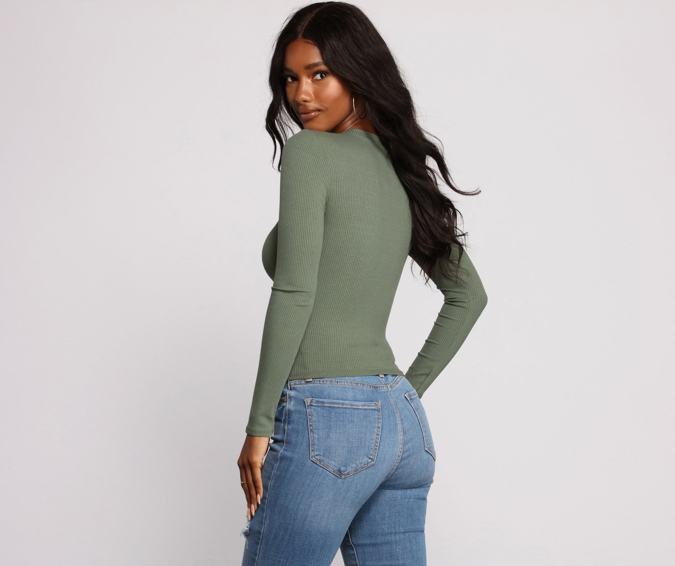 Long Sleeve Ribbed Basic Top - Lady Occasions