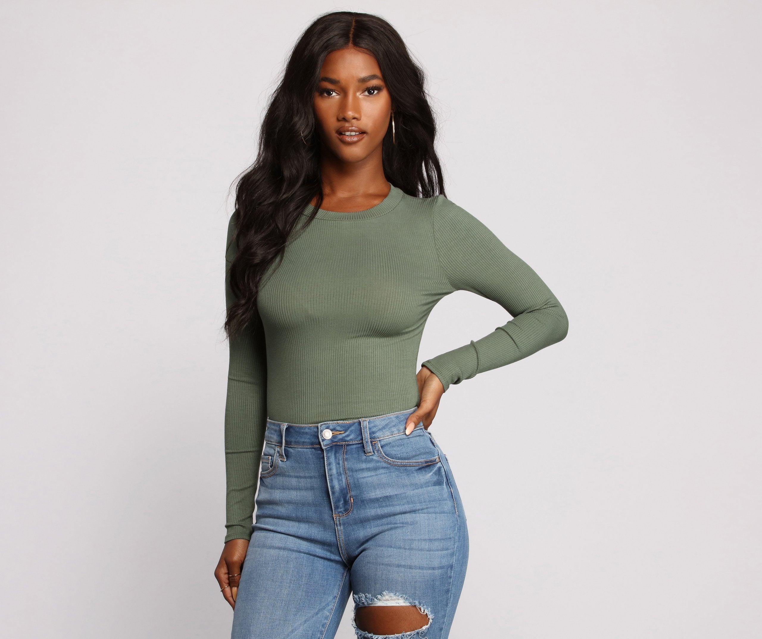 Long Sleeve Ribbed Basic Top - Lady Occasions