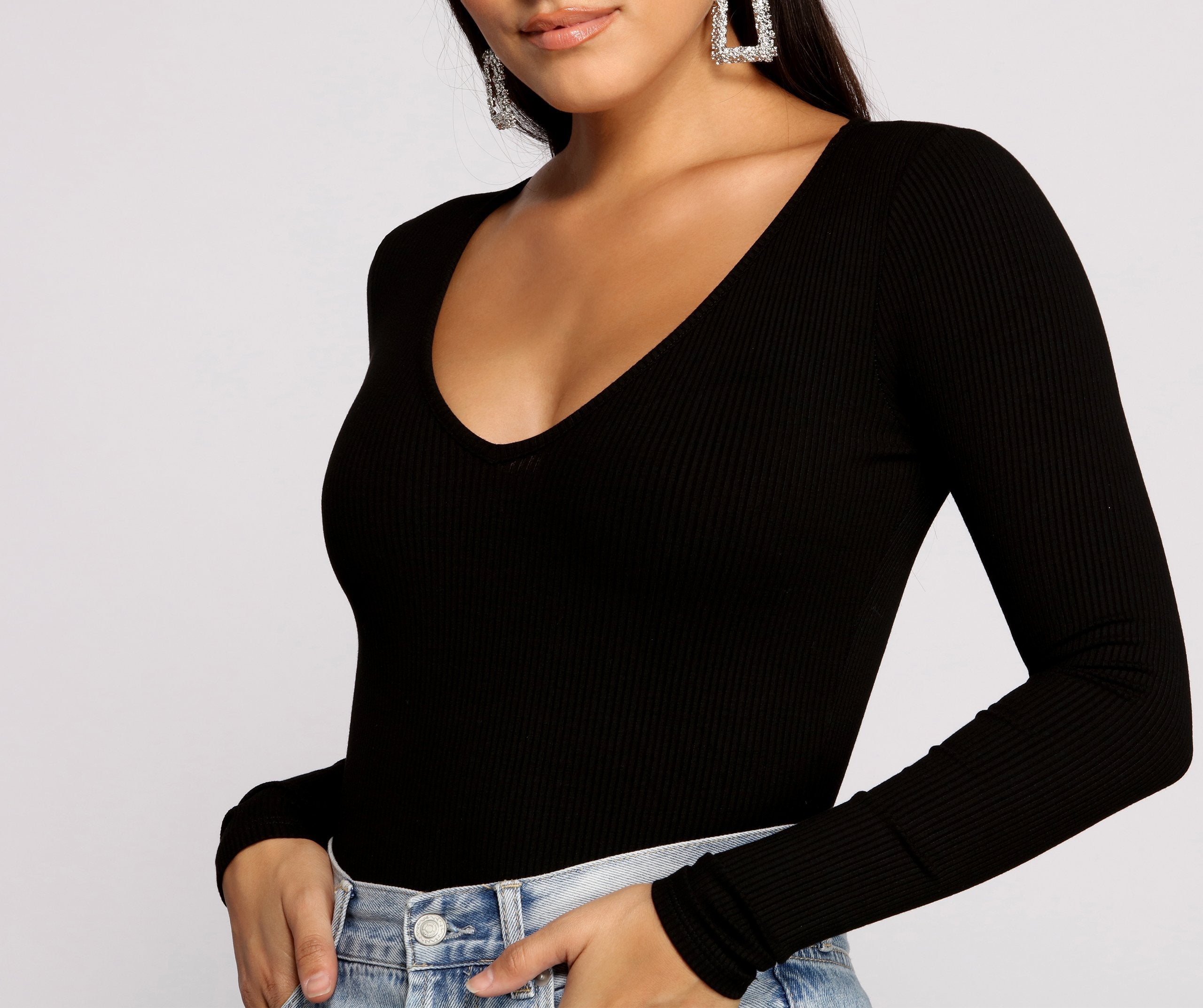 Basic Long Sleeve V Neck Bodysuit - Lady Occasions