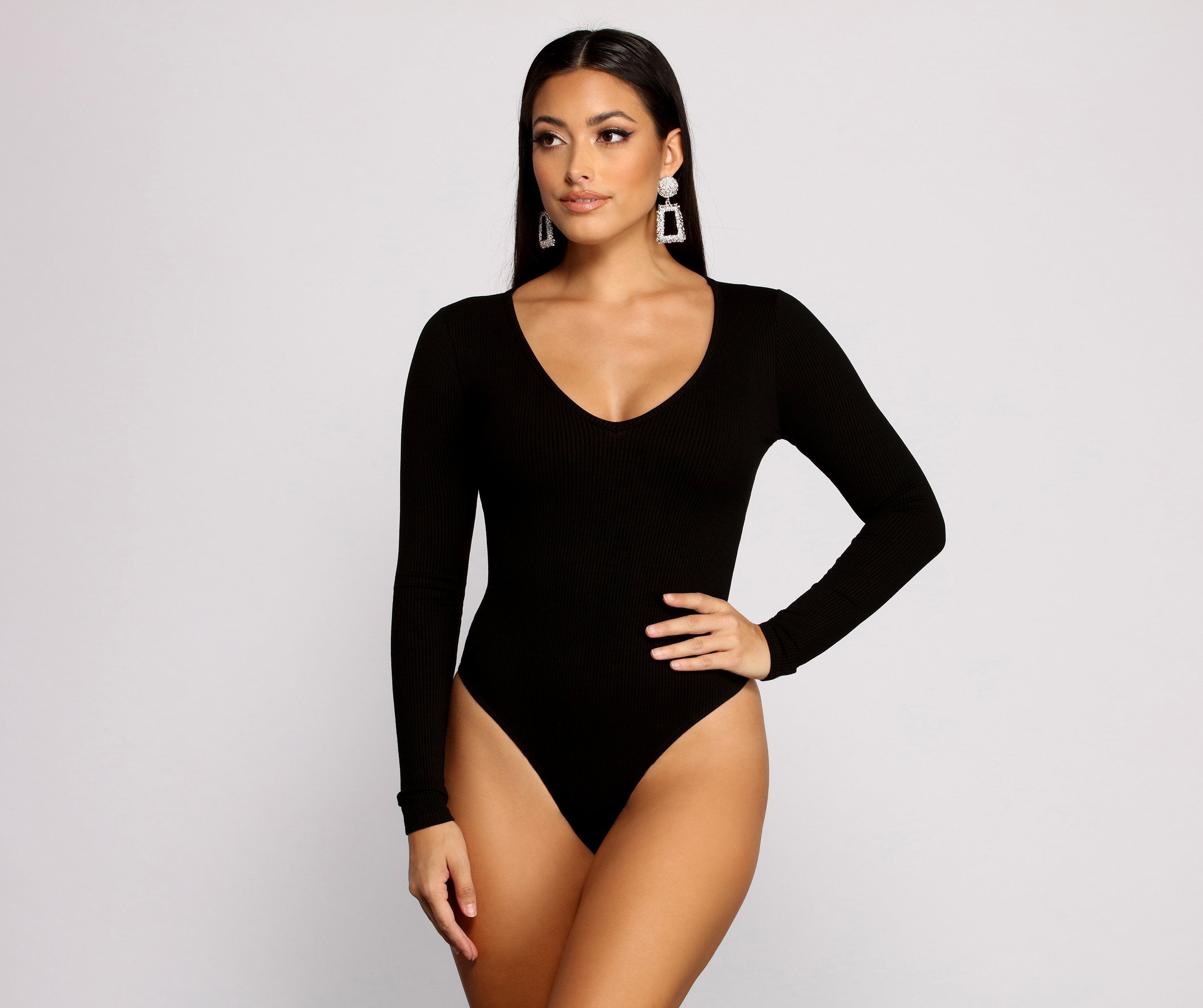 Basic Long Sleeve V Neck Bodysuit - Lady Occasions